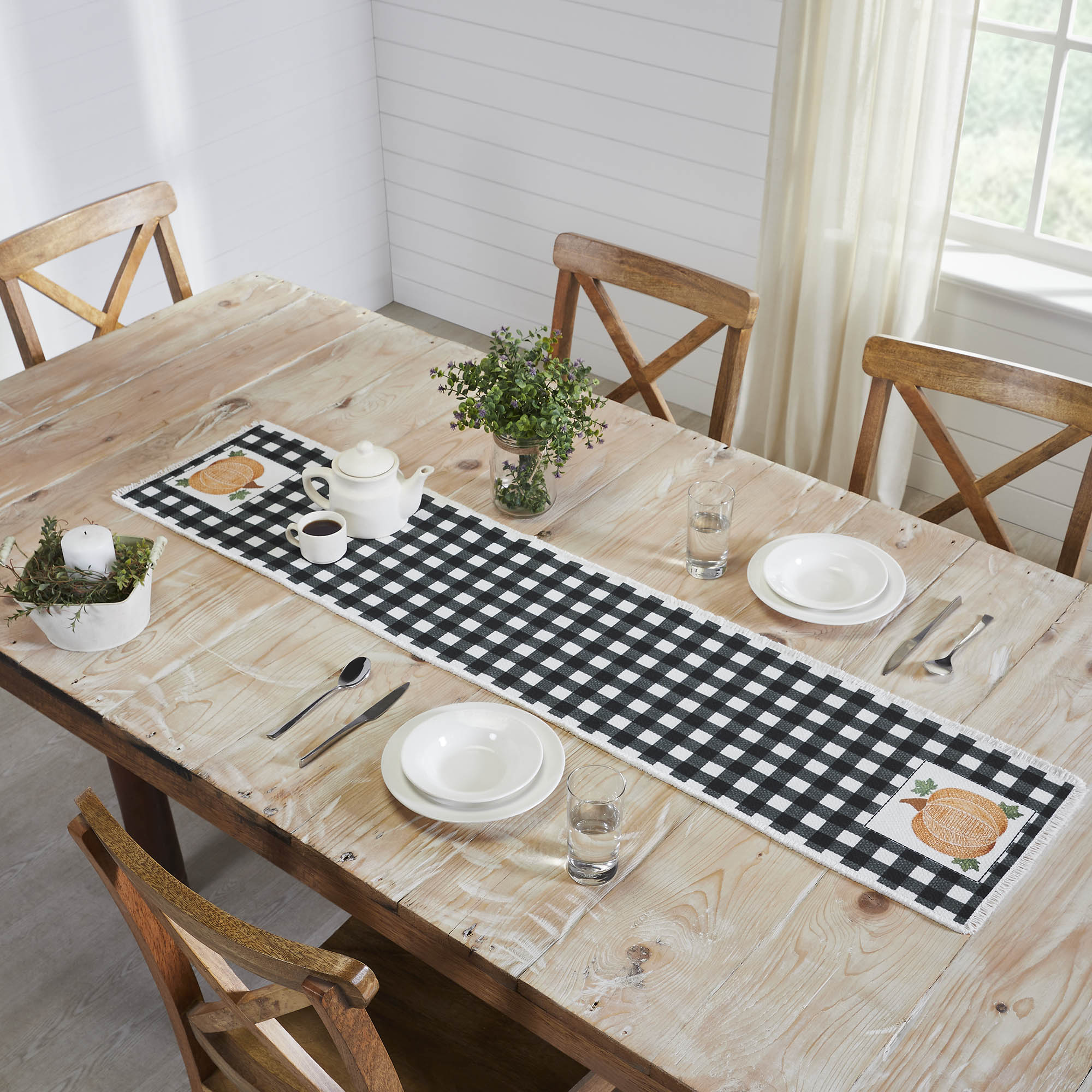 Annie Black Gingham Check Pumpkin Table Runner 12x60, Fall Harvest Farmhouse Kitchen Decor