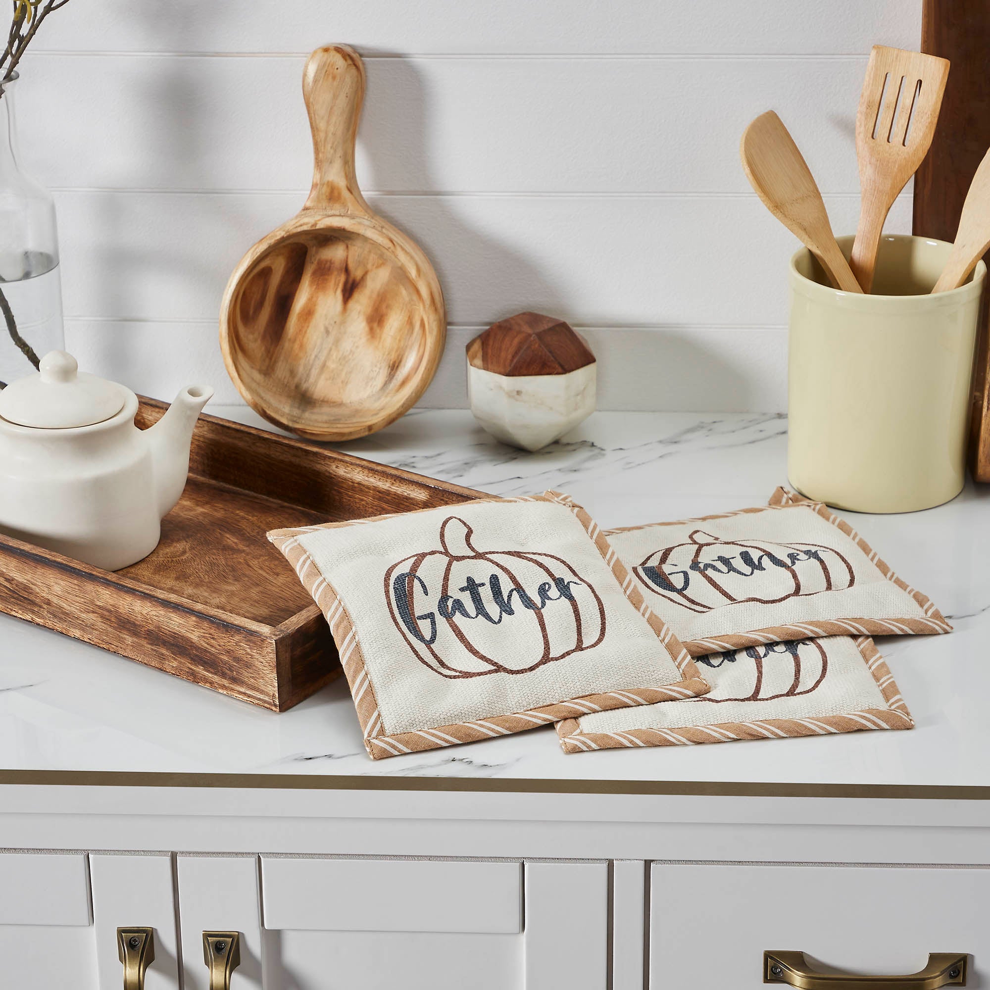 Fall Autumn Pumpkin Gather Trivet Set of 3, Inch Hot Pads for Kitchen Countertop & Dining Table Decor, Harvest Themed Home Decor