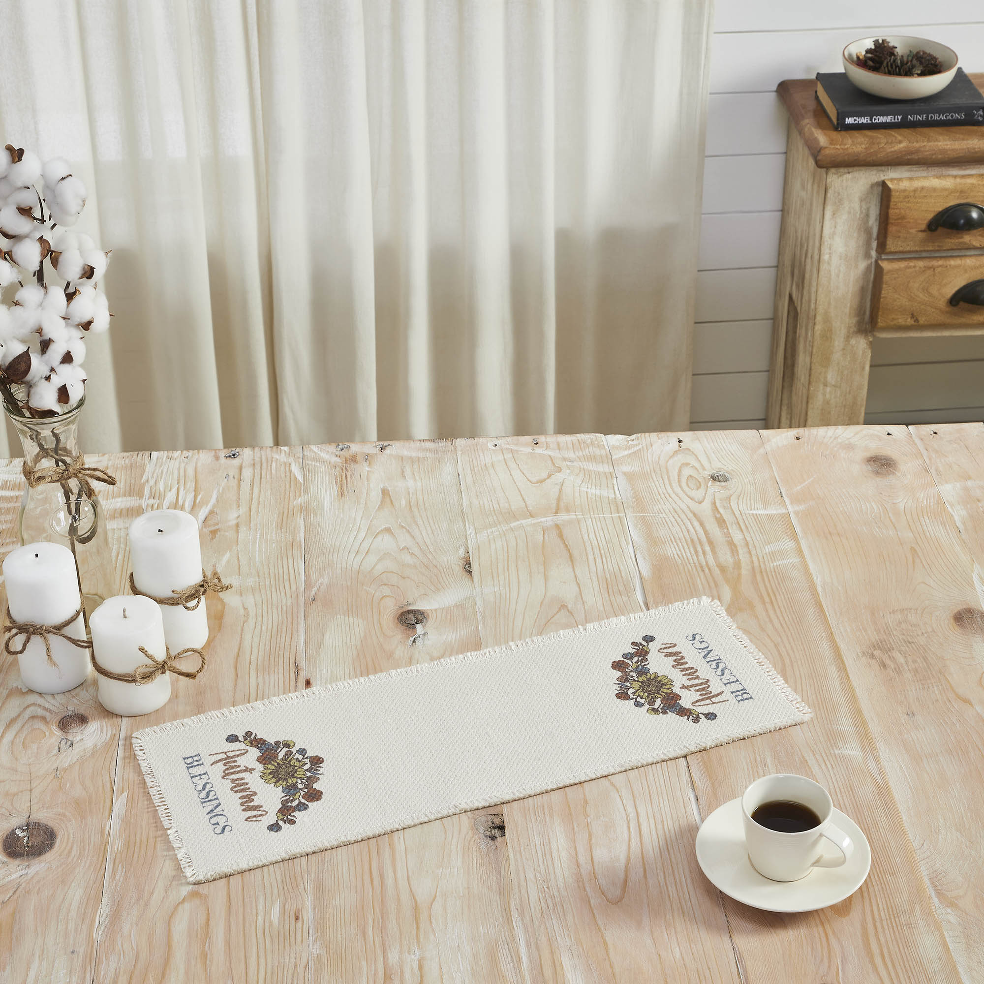 Autumn Blessings Cotton Farmhouse Table Runner Fall Harvest Thanksgiving Decor with Pumpkins, Leaves, Berries