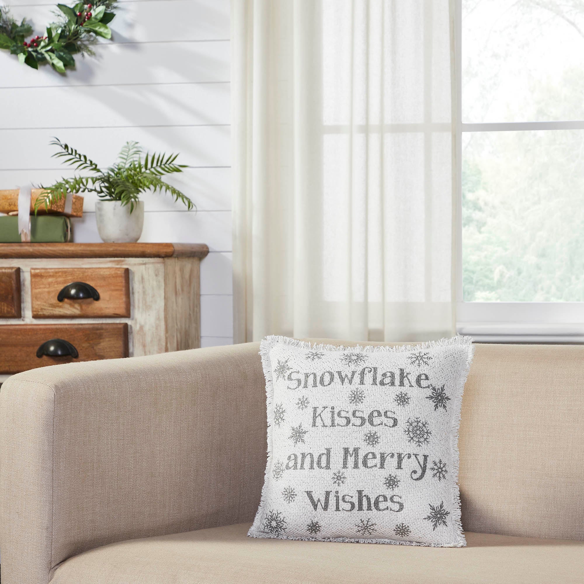Yuletide Burlap Antique White Snowflake Kisses Pillow