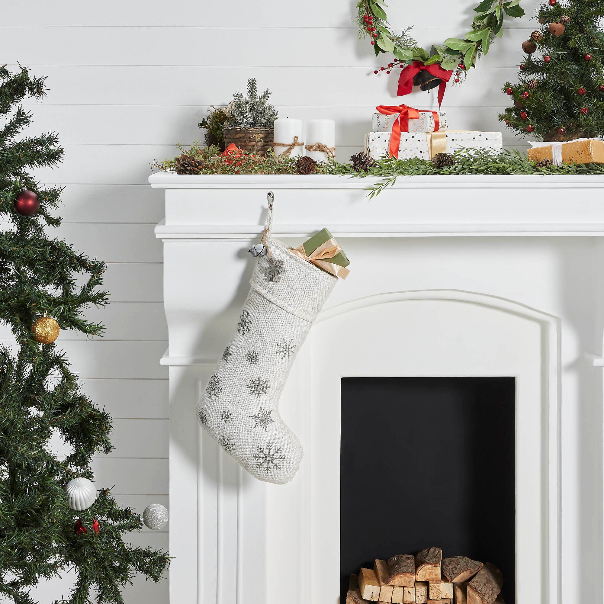 Yuletide Burlap Antique White Snowflake Stocking