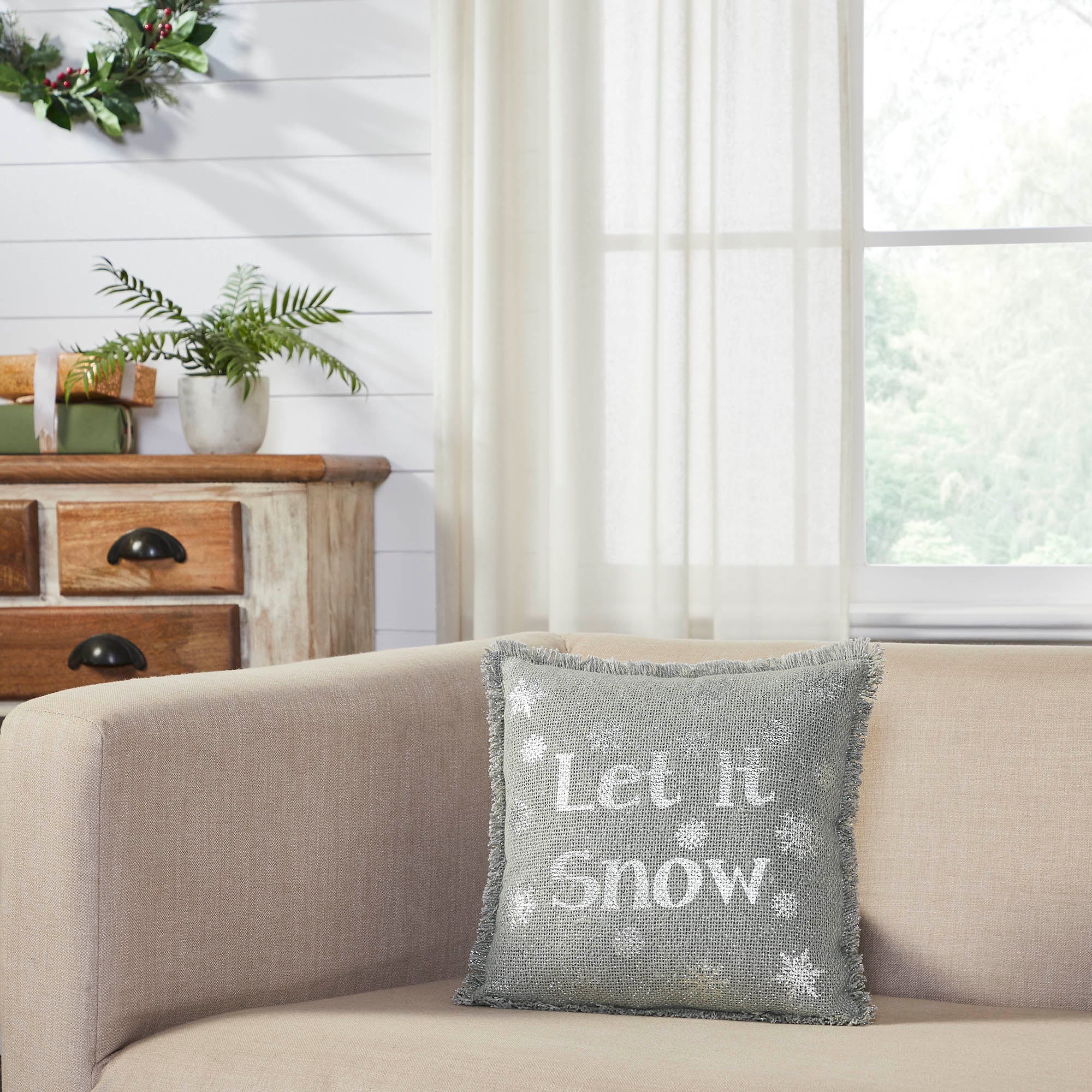 Yuletide Burlap Dove Grey Snowflake Let It Snow Pillow