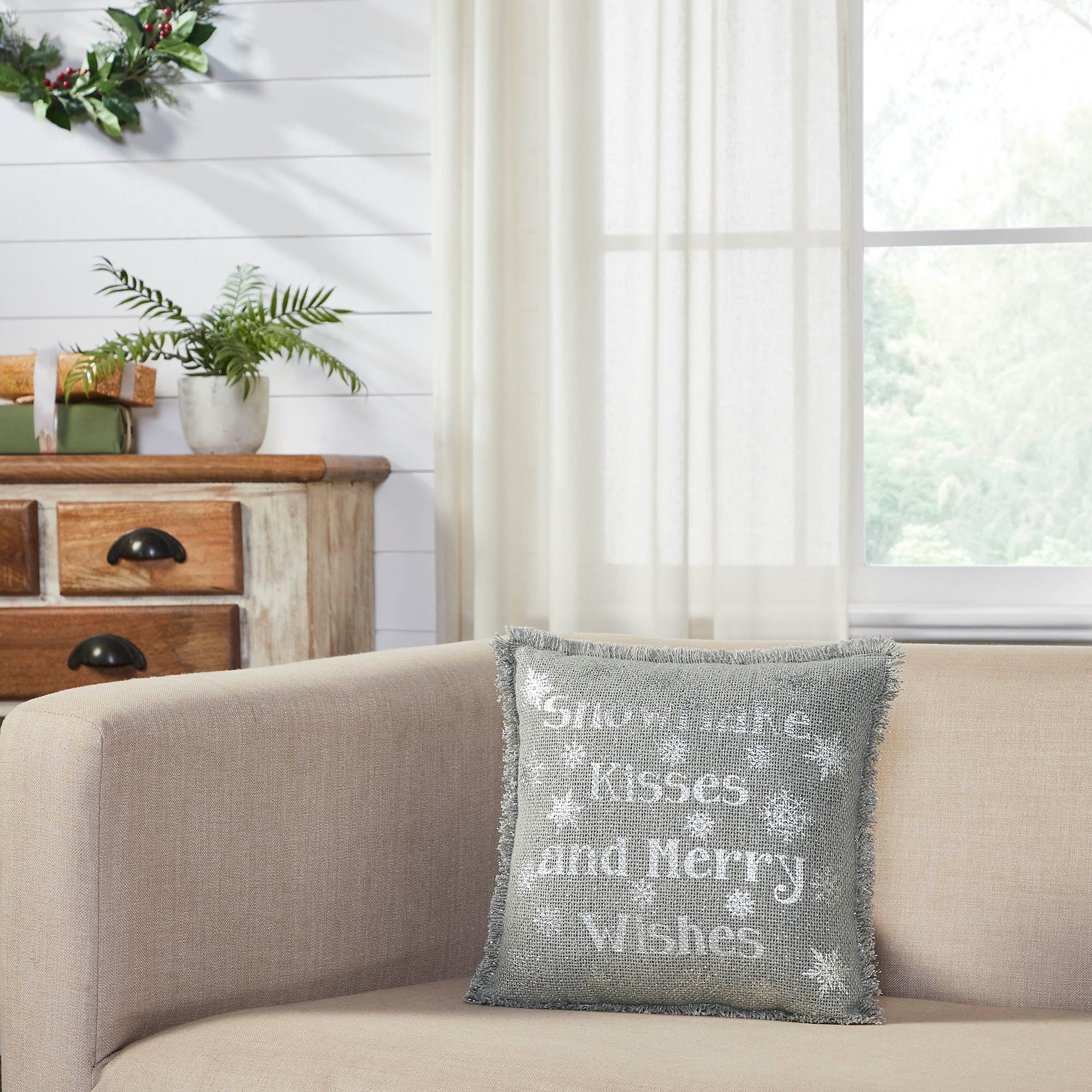 Yuletide Burlap Dove Grey Snowflake Kisses Pillow
