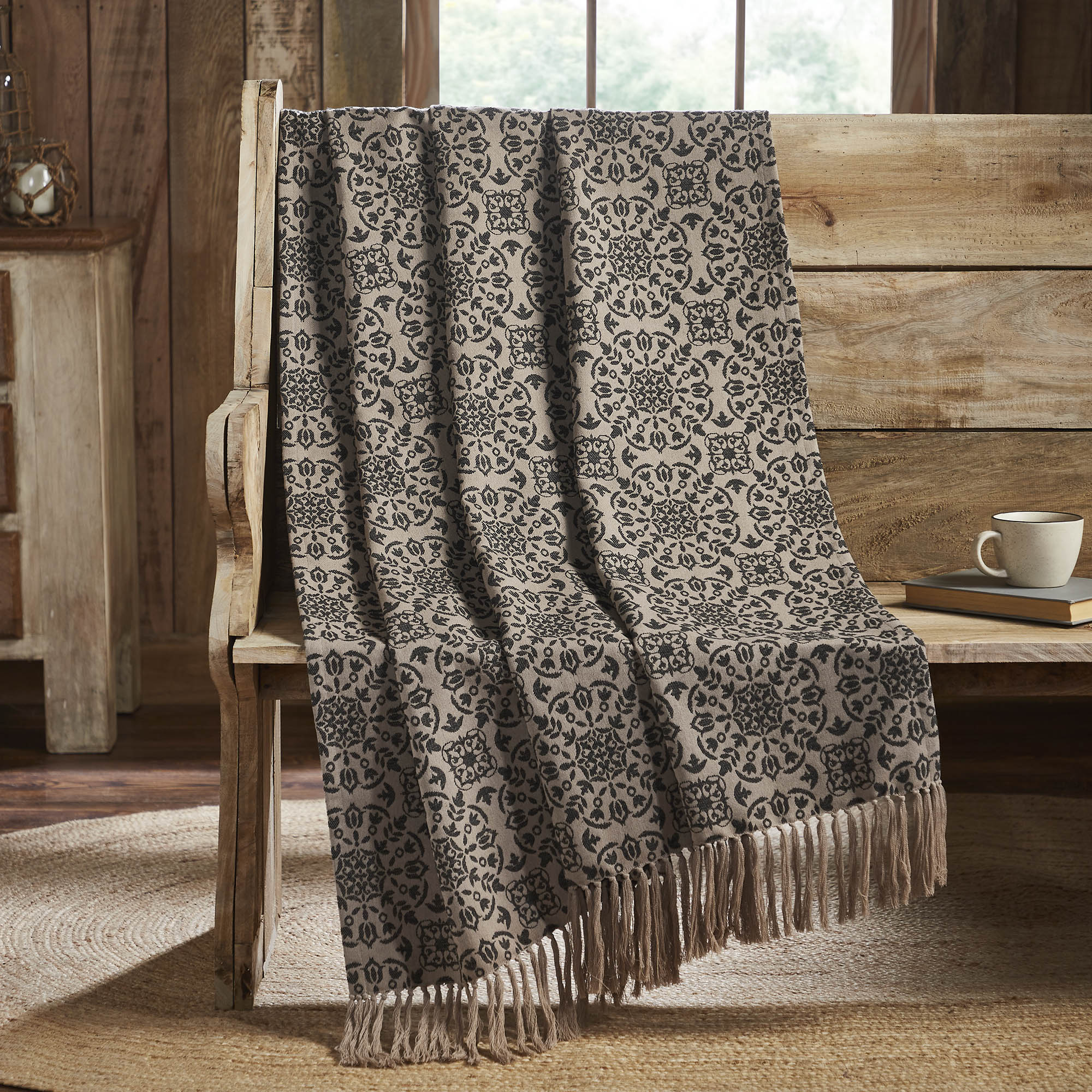 Custom House Black Tan Jacquard Woven Throw