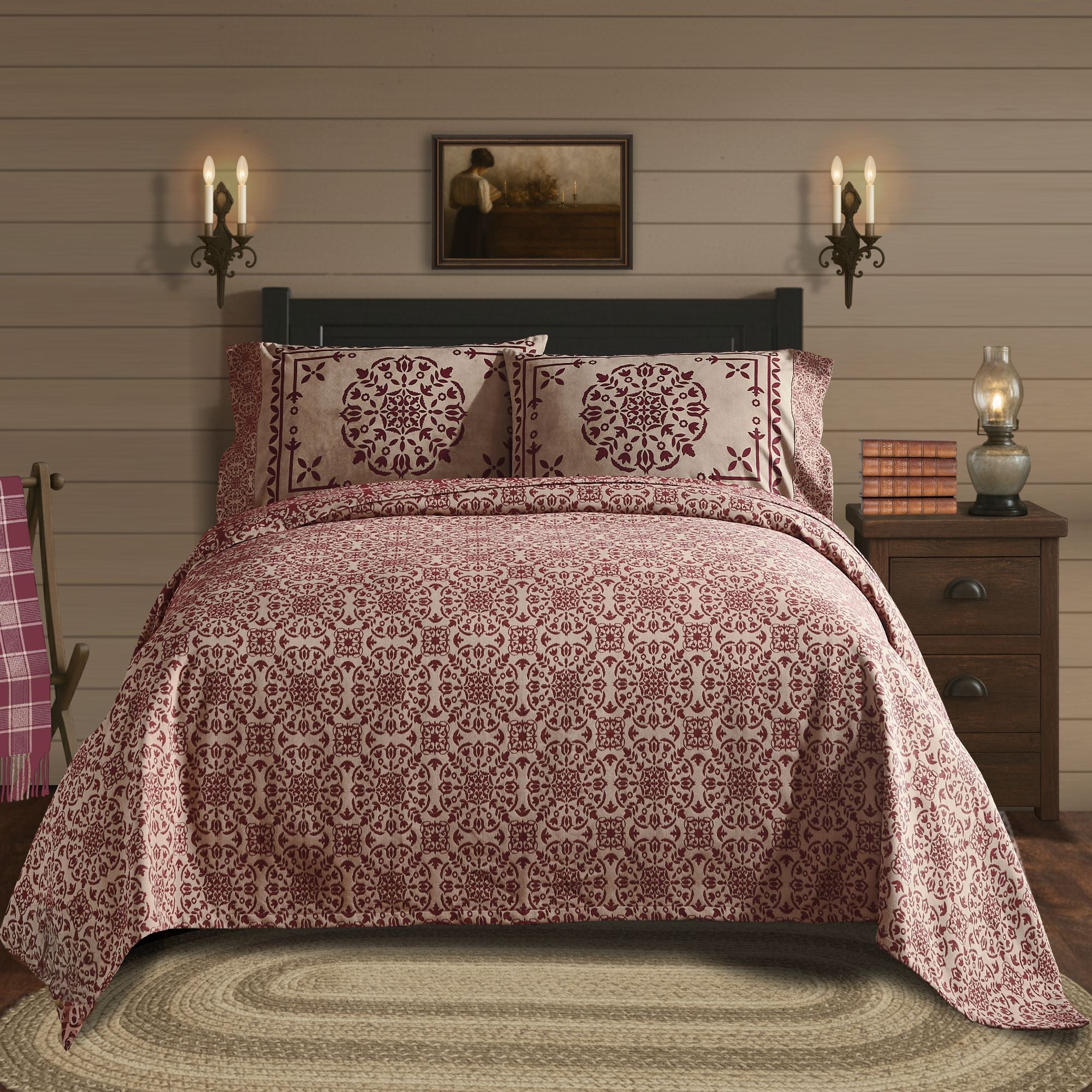 Custom House Burgundy Tan Jacquard King Coverlet 106Wx97L