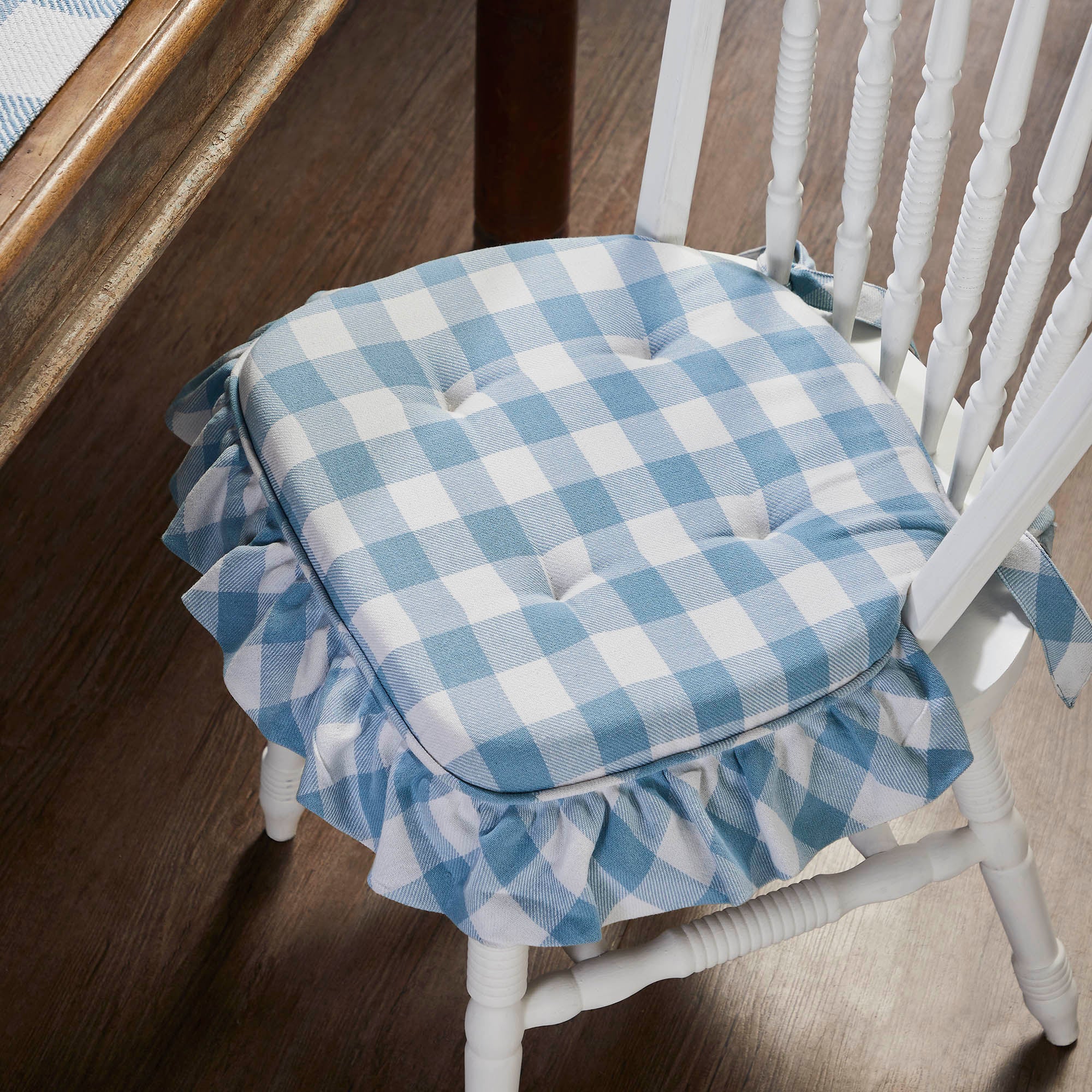 Annie Blue White Ruffled Check Farmhouse Chair Pad