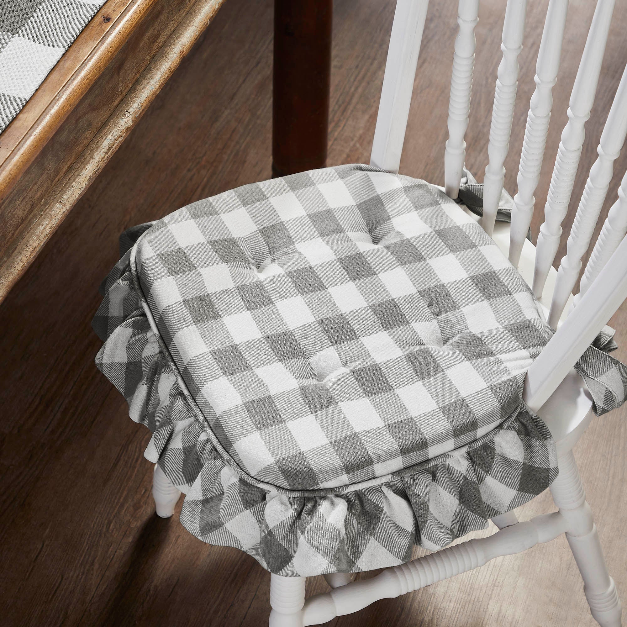 Annie Grey Buffalo Check Ruffled Chair Pad- Grey & White