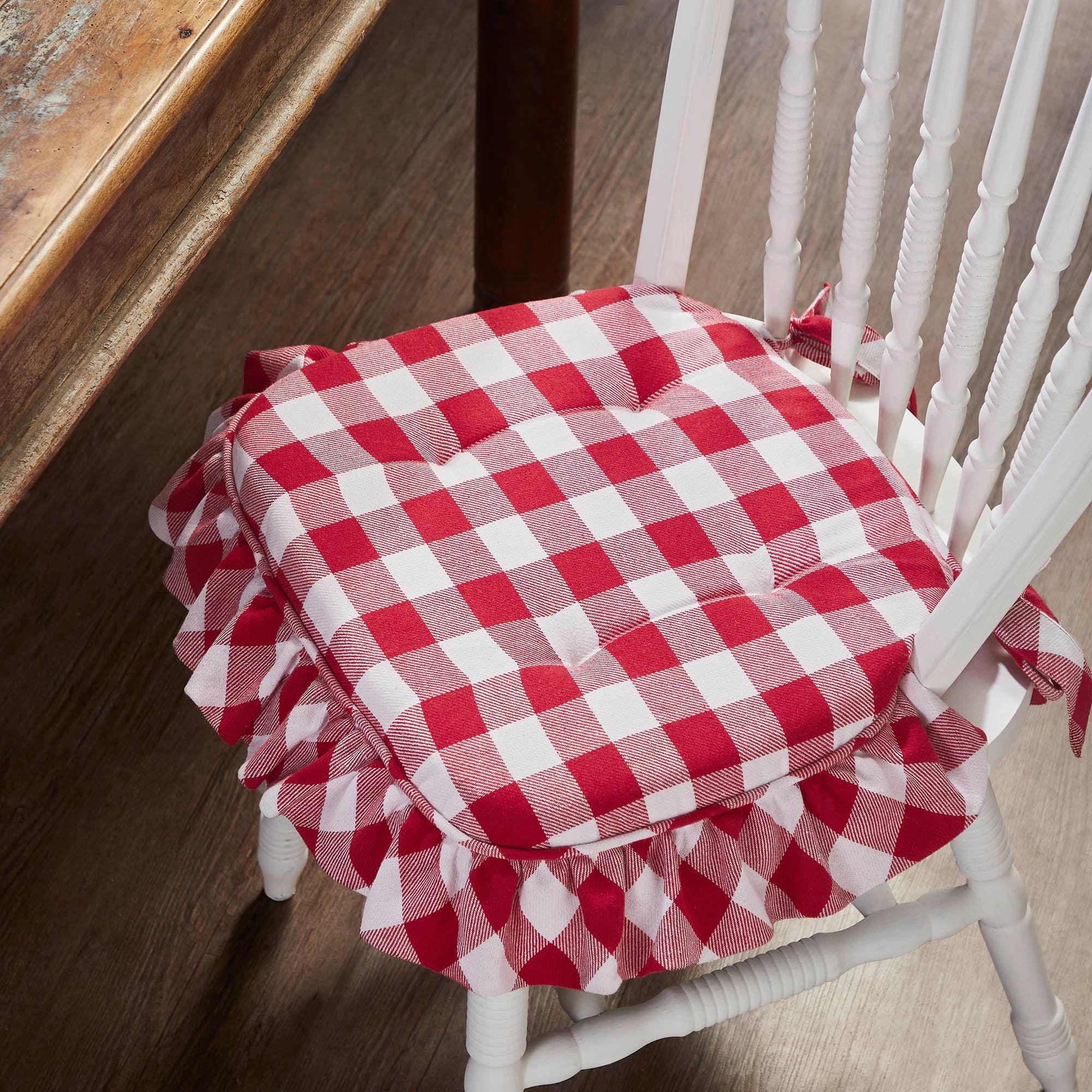 Annie Red White Ruffled Check Farmhouse Chair Pad