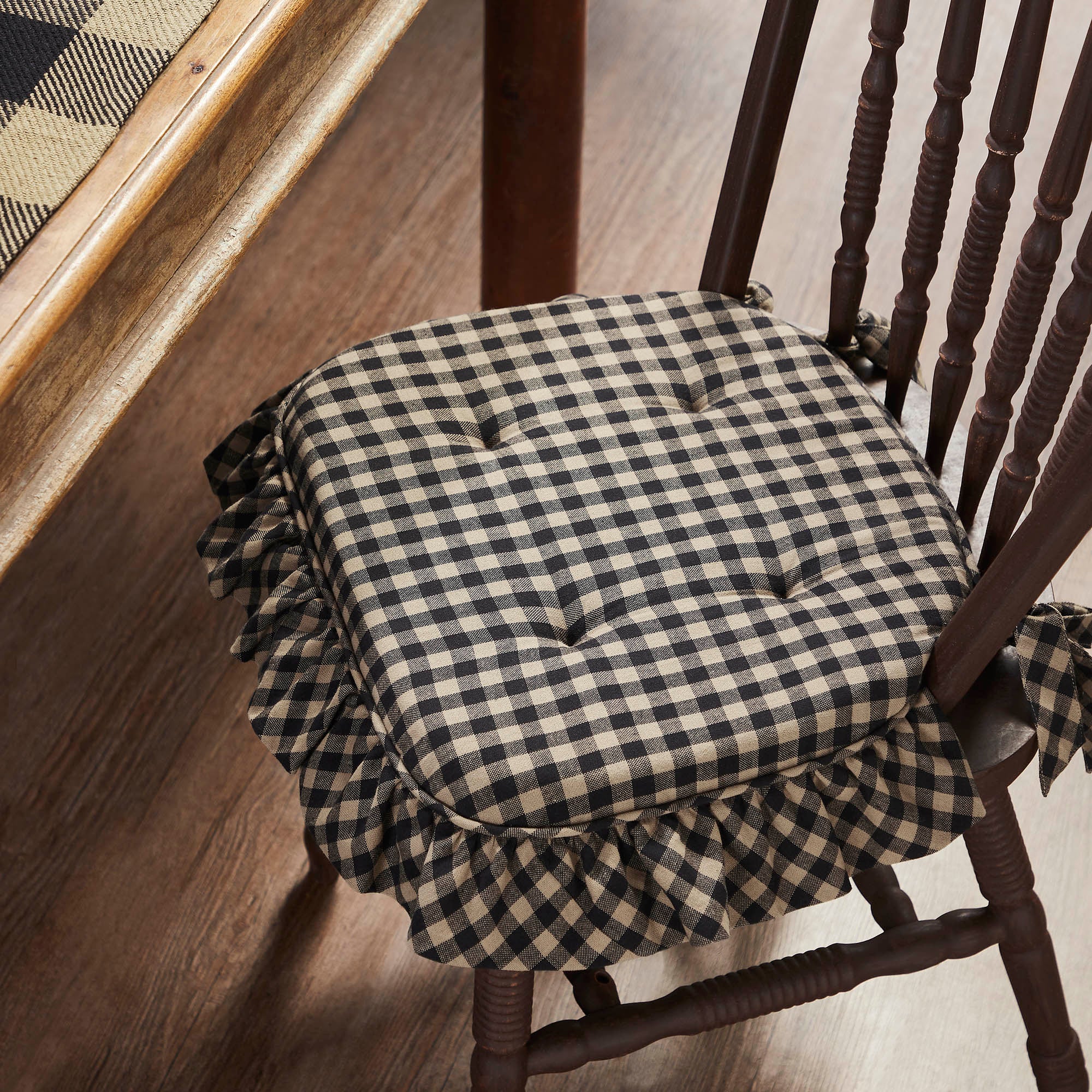 Black & Tan Check Ruffled Chair Pad- Firm Foam Cushion