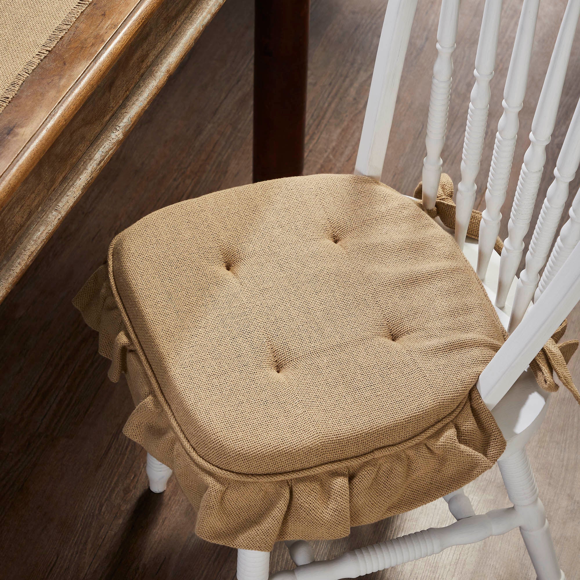 Natural Cotton Burlap Ruffled Chair Pad- Firm Foam Cushion