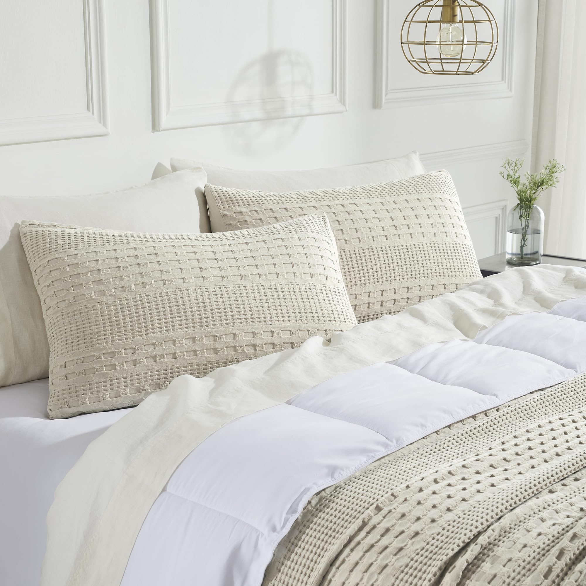 Waffle Weave Natural Standard Sham Set, 20x26 - Farmhouse Boho Decorative Pillow Covers (2-Pack)