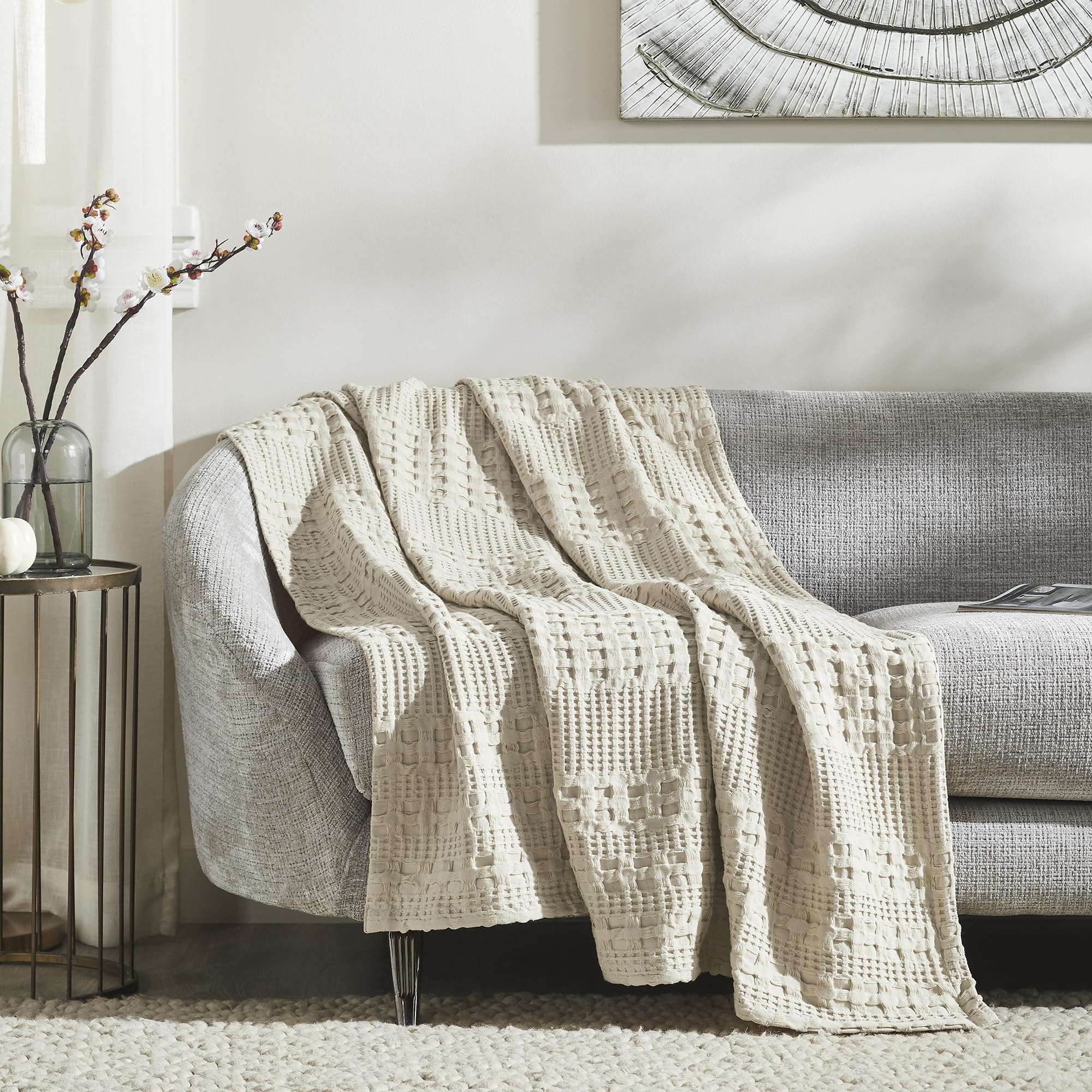 Waffle Weave Natural Throw 50x60 - Cotton Decorative Blanket for Bed, Couch, Sofa | Boho Farmhouse Home Decor