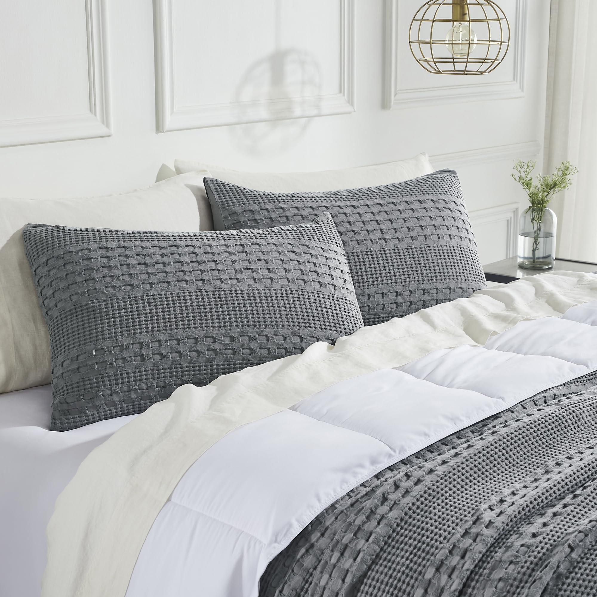 Dark Gray Waffle Weave Queen Sham Set (2-Pack) 20x30 - Farmhouse Boho Decorative Pillow Covers