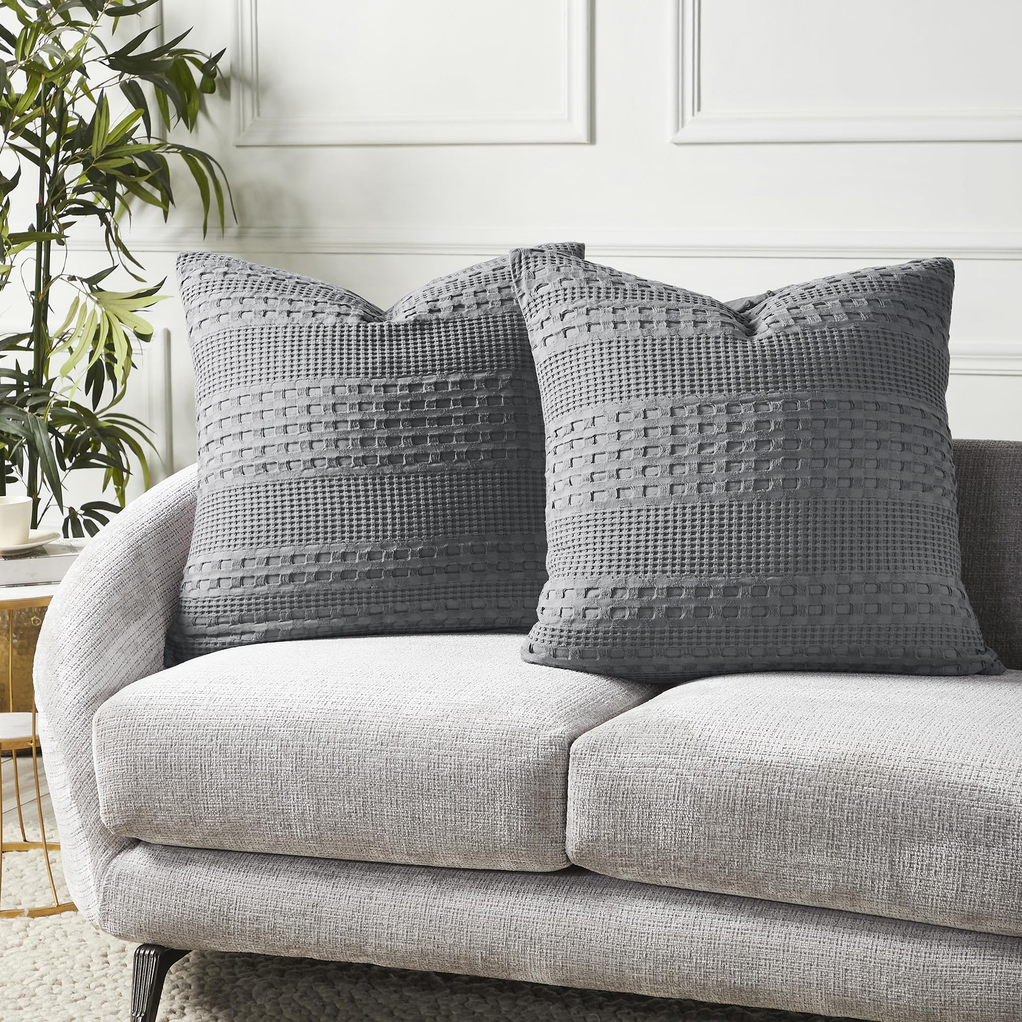 Waffle Weave Dark Gray Pillow Cover Set (2-Pack) 24x24 - Decorative Throw Pillow Covers for Farmhouse Boho Bedroom & Living Room Decor