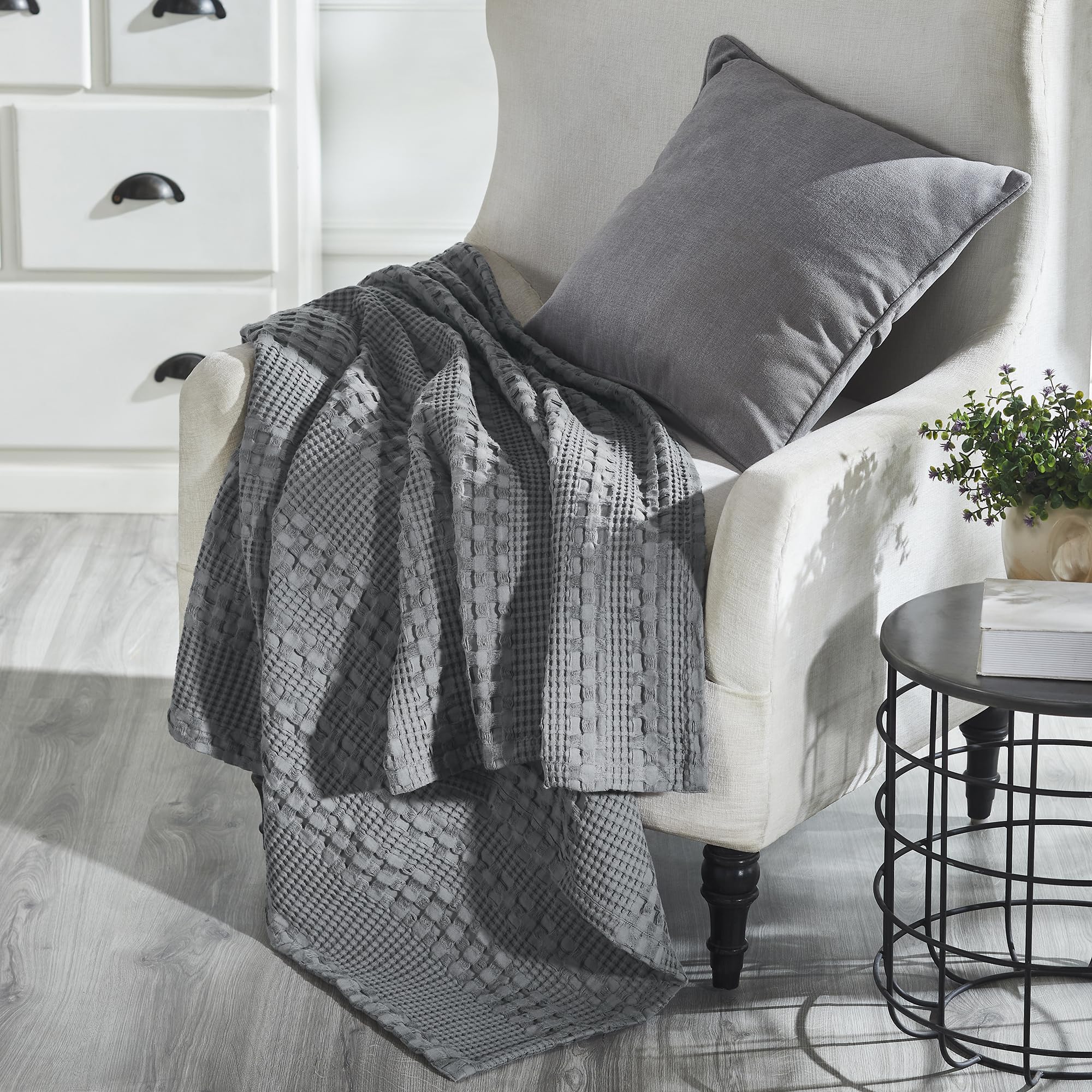 Waffle Weave Dark Gray Throw 50x60 - Cotton Blanket for Boho Farmhouse Bedroom & Living Room Decor, Couch, Sofa, Bed
