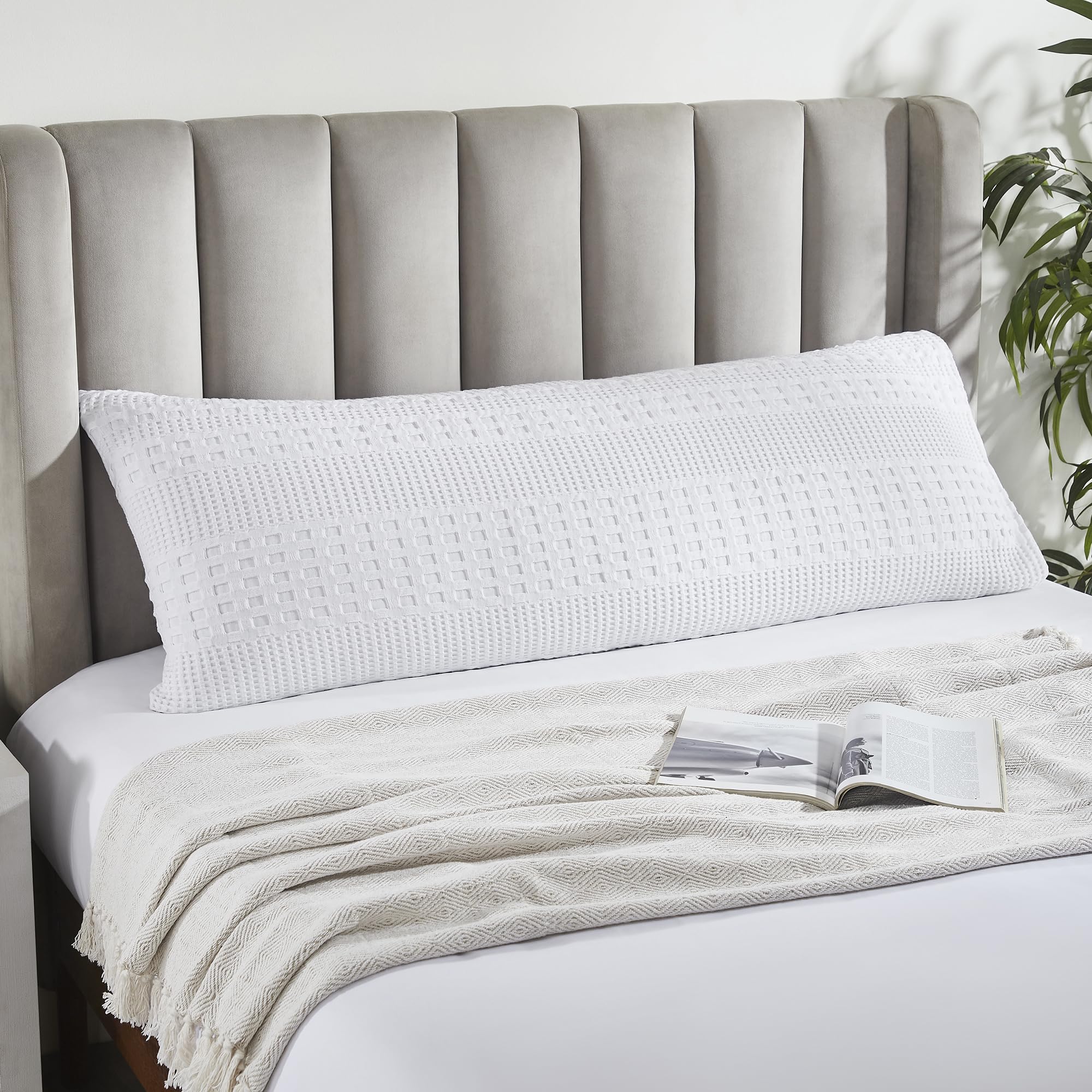 Waffle Weave White Body Pillow Cover, 20x54 - Farmhouse Boho Decorative Pillow Cover / Sham