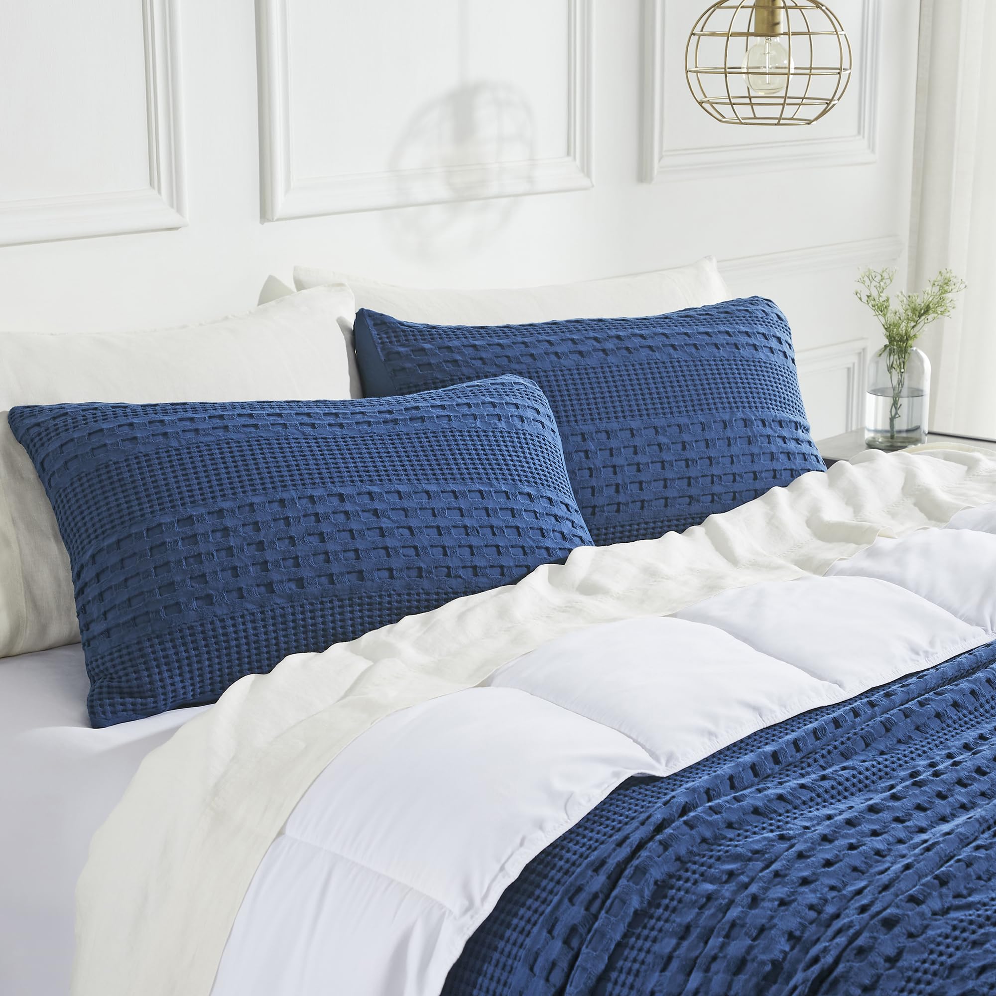 Waffle Weave Navy Blue Standard Pillow Sham Set (2-Pack) - 20x26 Farmhouse Boho Decorative Bedding