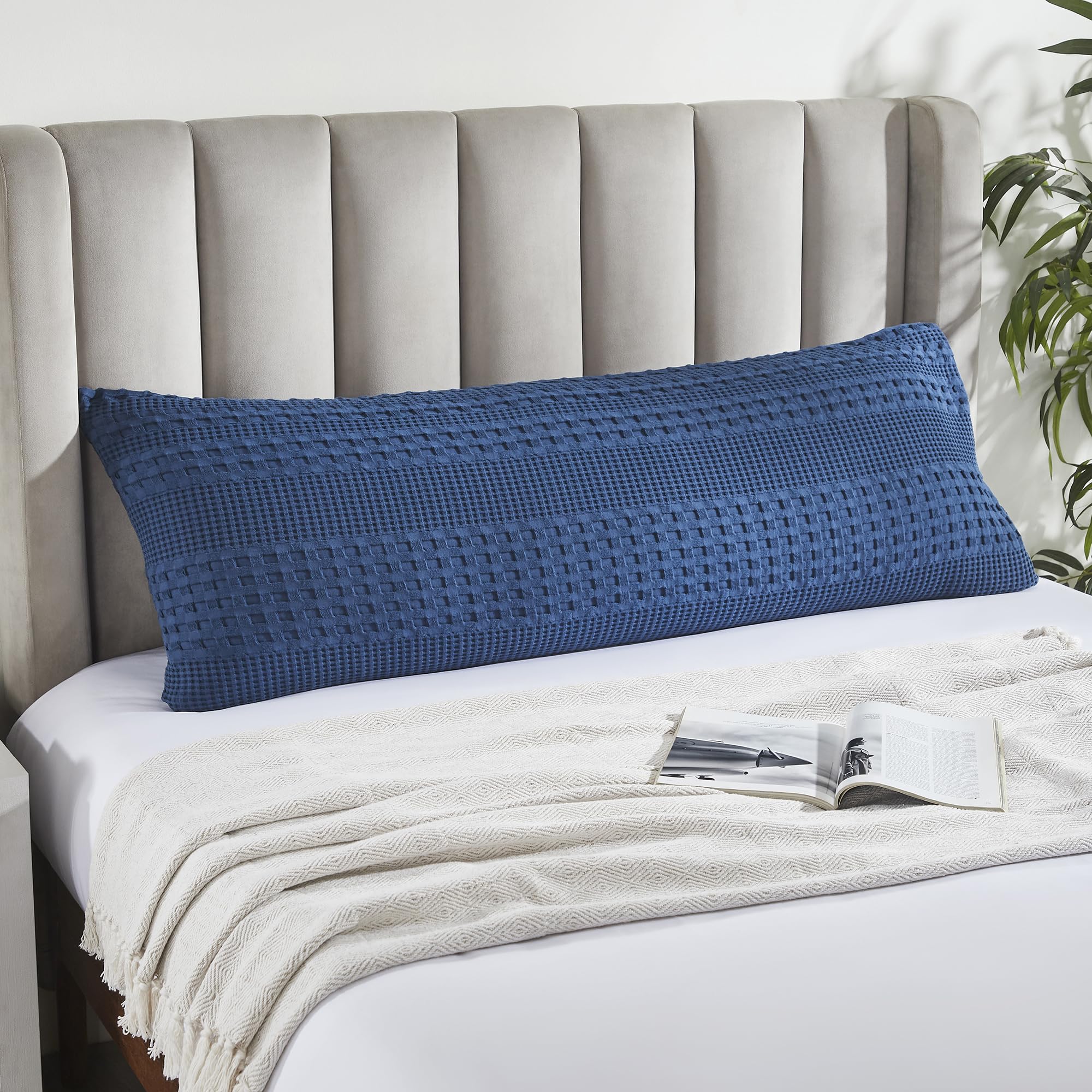 Waffle Weave Navy Blue Body Pillow Cover, 20x54 - Decorative Throw Pillow Sham, Boho Farmhouse Bedroom Decor