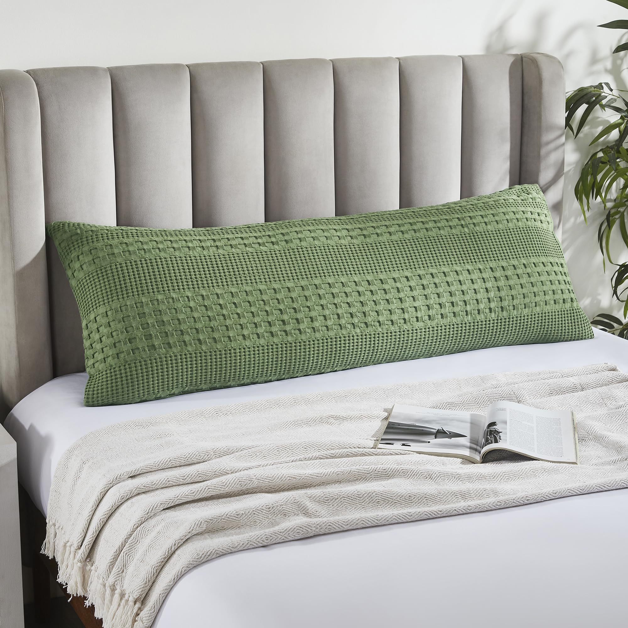 Waffle Weave Olive Green Body Pillow Cover, 20x54 - Boho Farmhouse Decorative Throw Pillow Sham