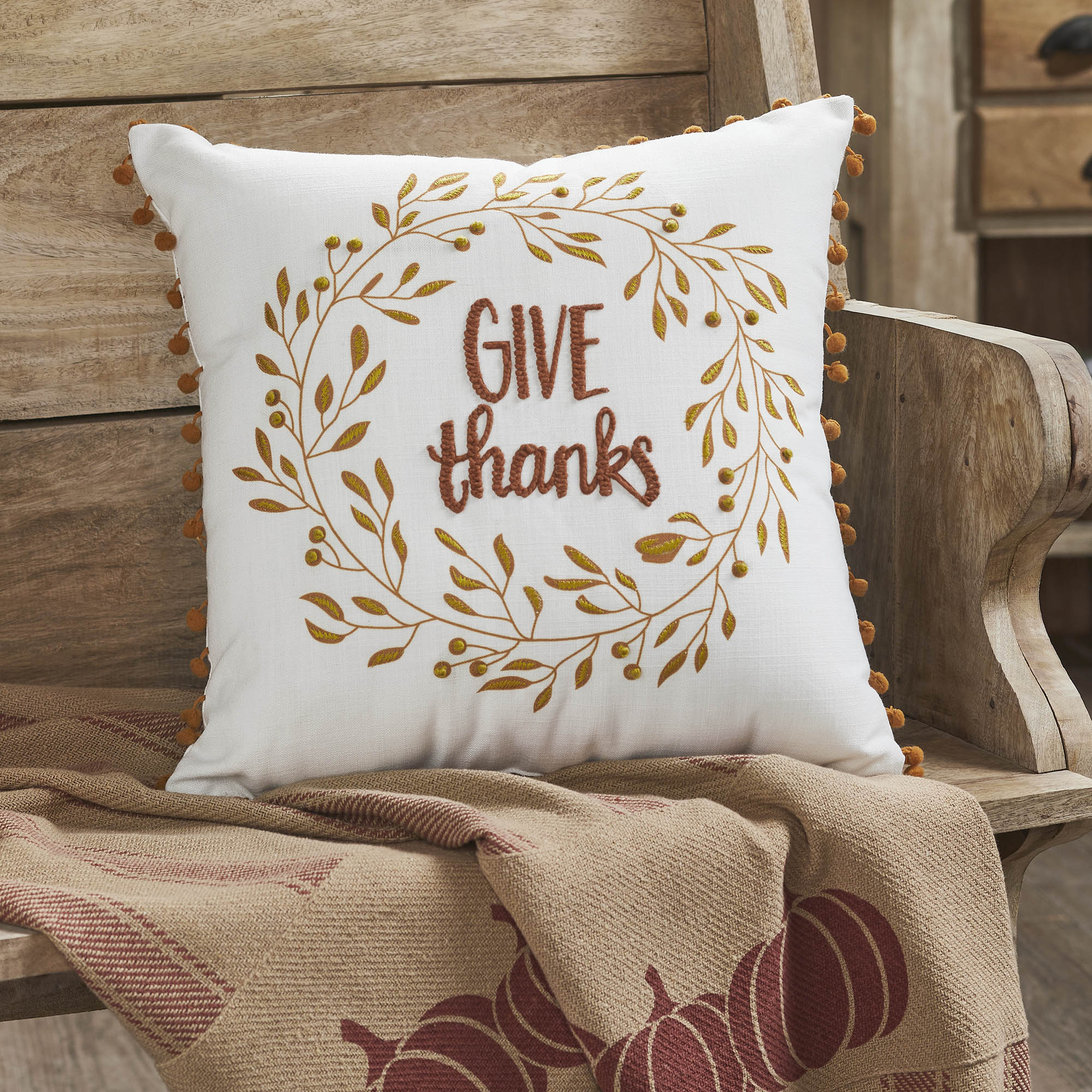 Thanksgiving Fall Wreath Pom Pom Decorative Accent Pillow