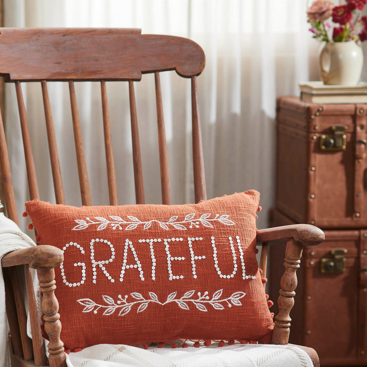 Grateful Pom Pom Decorative Throw Pillow Cozy Oblong Accent for Living Room & Bedroom Decor