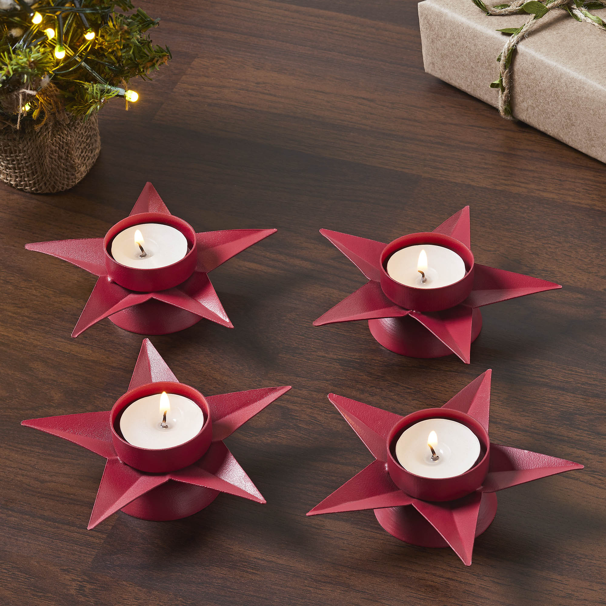 Tealight Holder Star Barn Red Set of 4