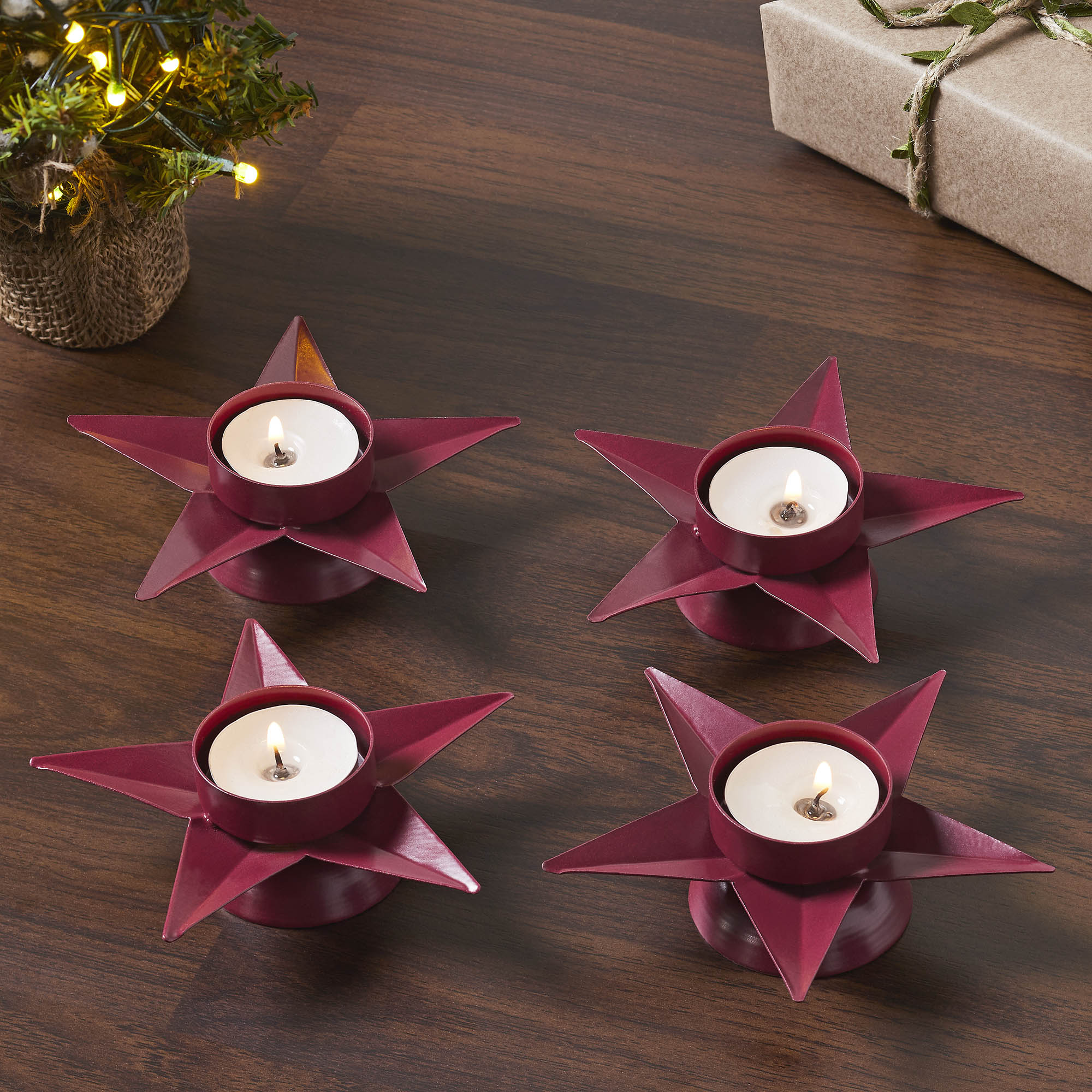 Tealight Holder Star Burgundy Set of 4