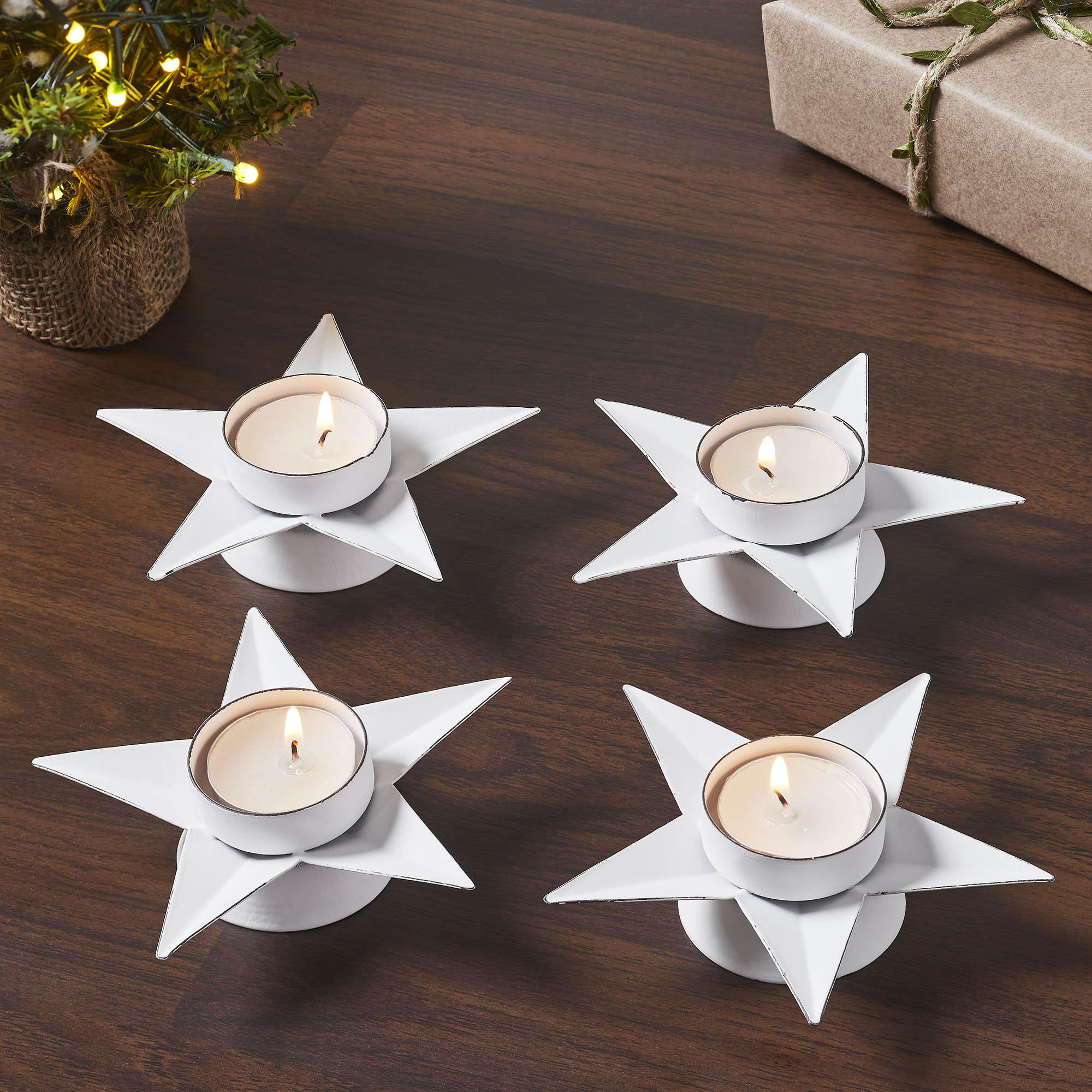 Tealight Holder Star Antique White Set of 4