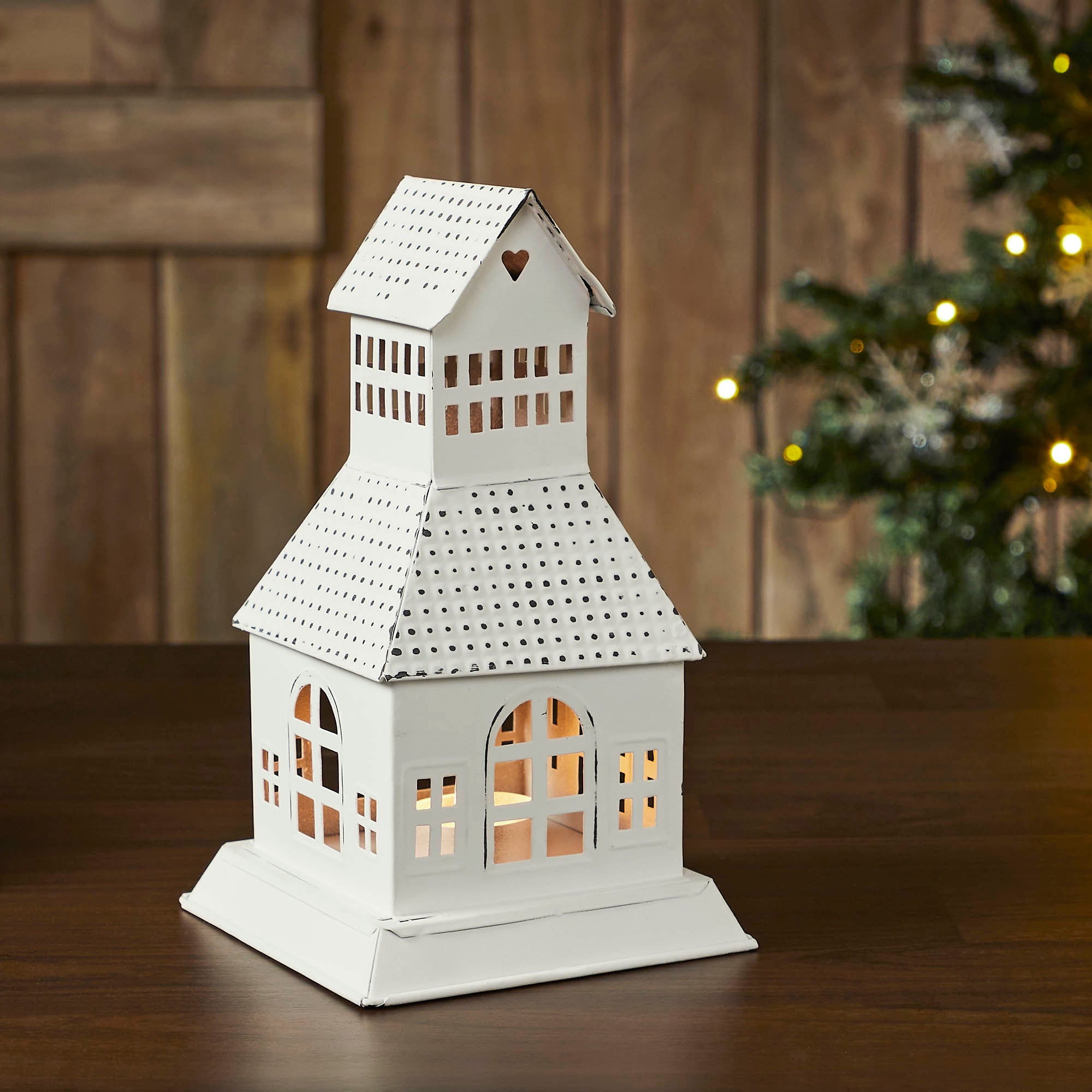 Tealight Holder Metal Village House A Antique White