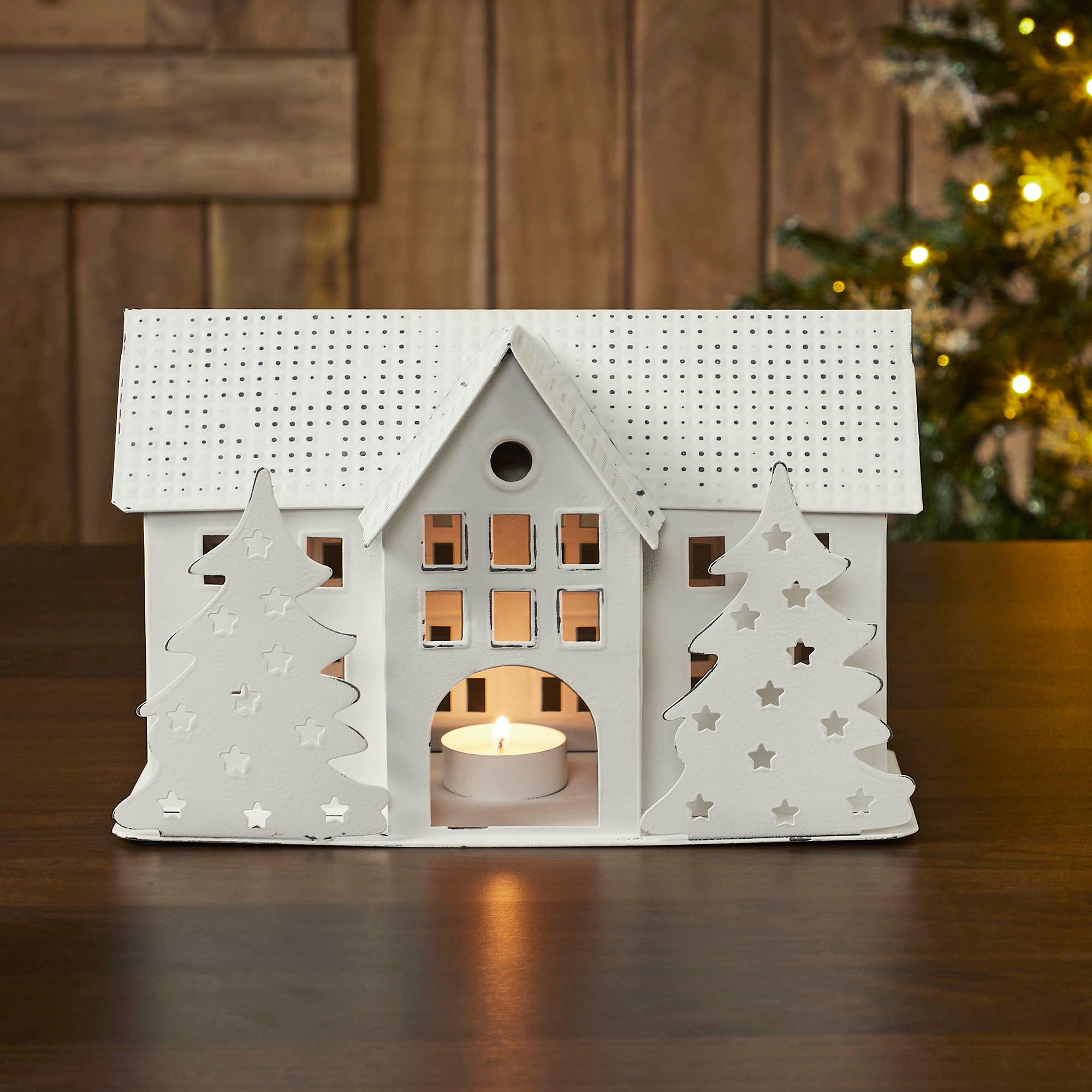 Tealight Holder Metal Village House B Antique White