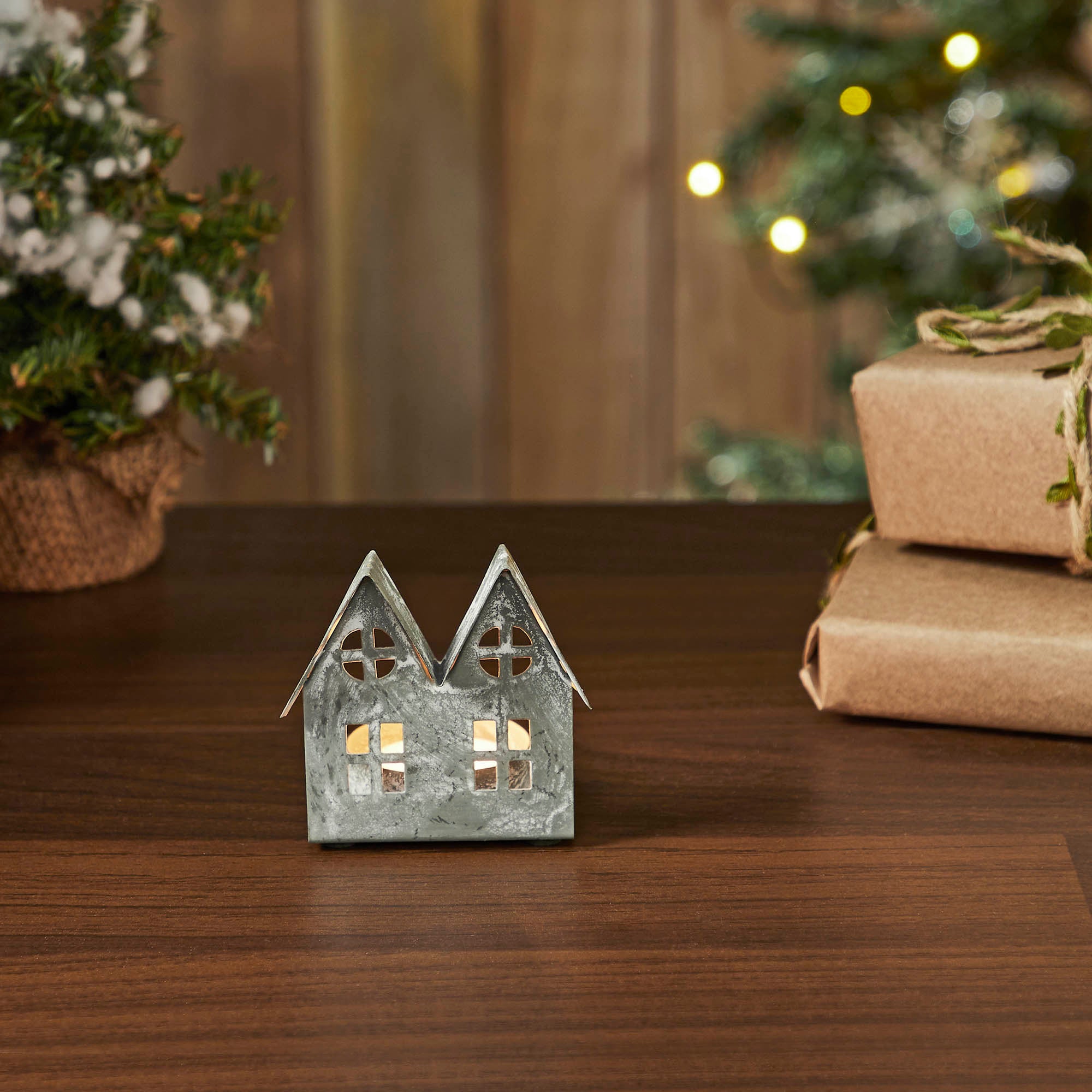 Tealight Holder Metal Village House E Antique Grey 2.75x2.75x2
