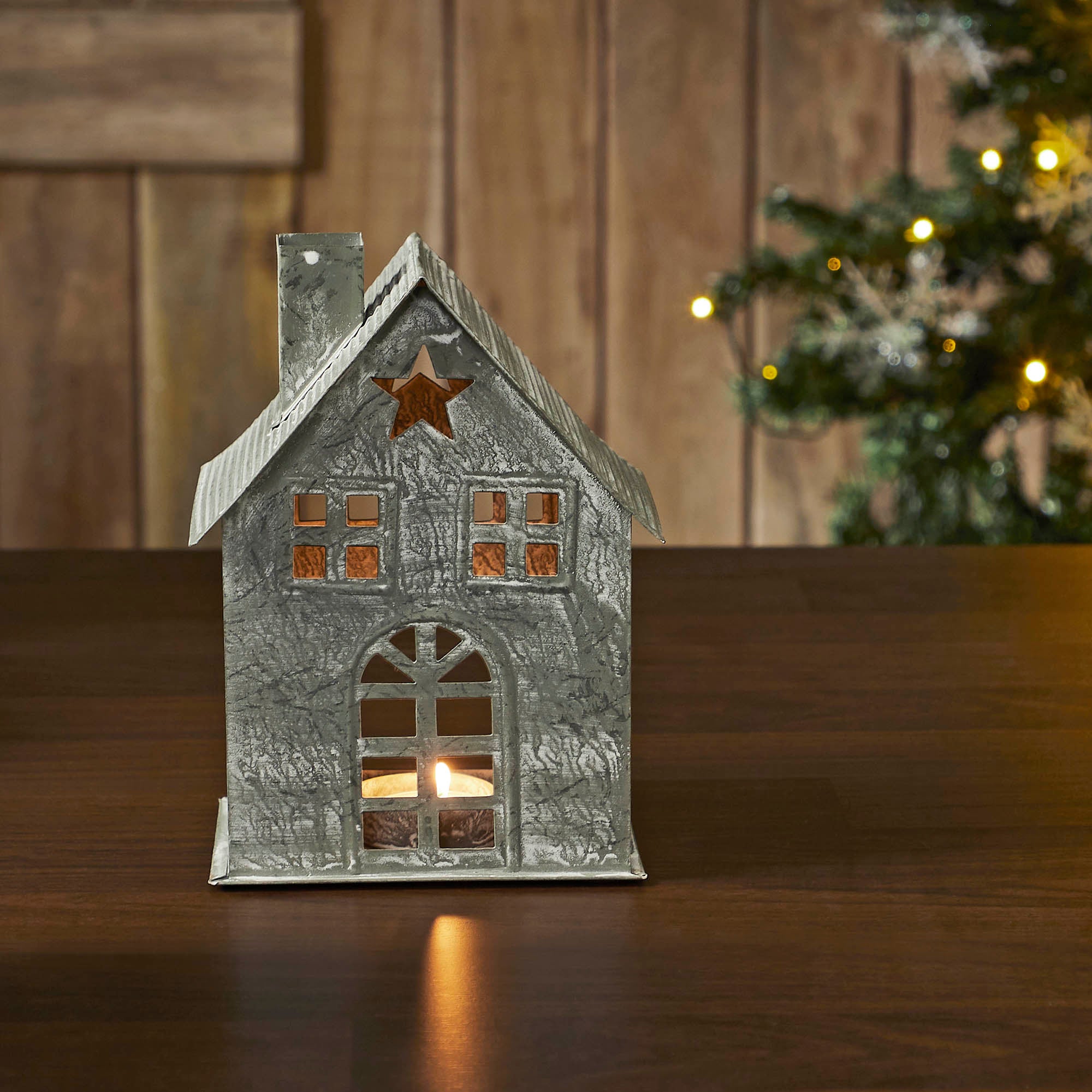 Tealight Holder Metal Village House H Antique Grey