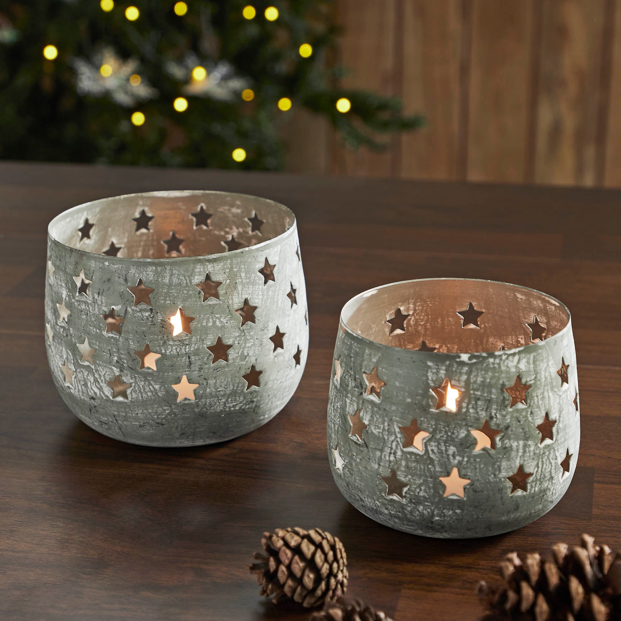 Starbright Distressed Gray Metal Candle Holder Set of 2- 3.54/