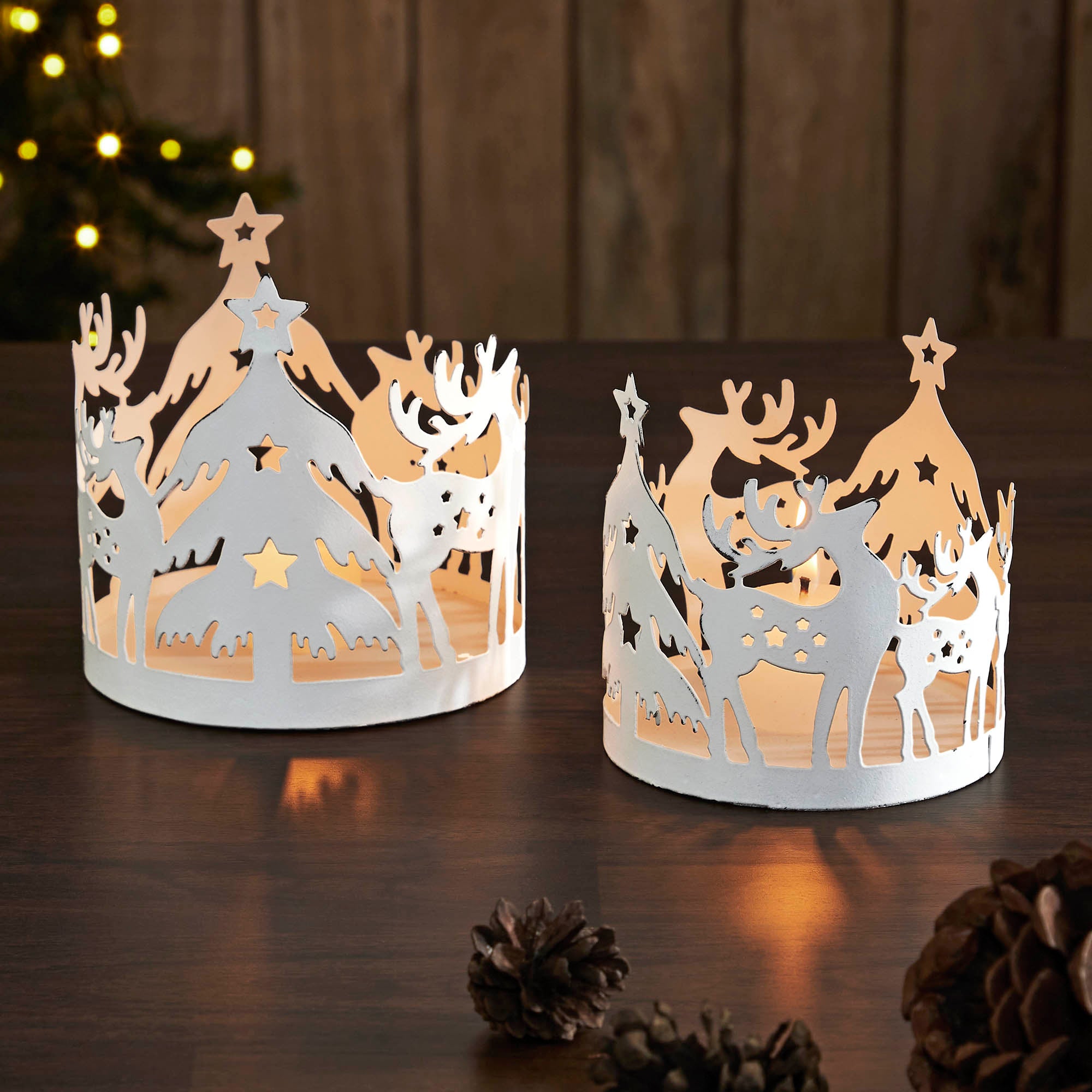 Winter Reindeer White Metal Candle Holder Set of 2- 4.12/