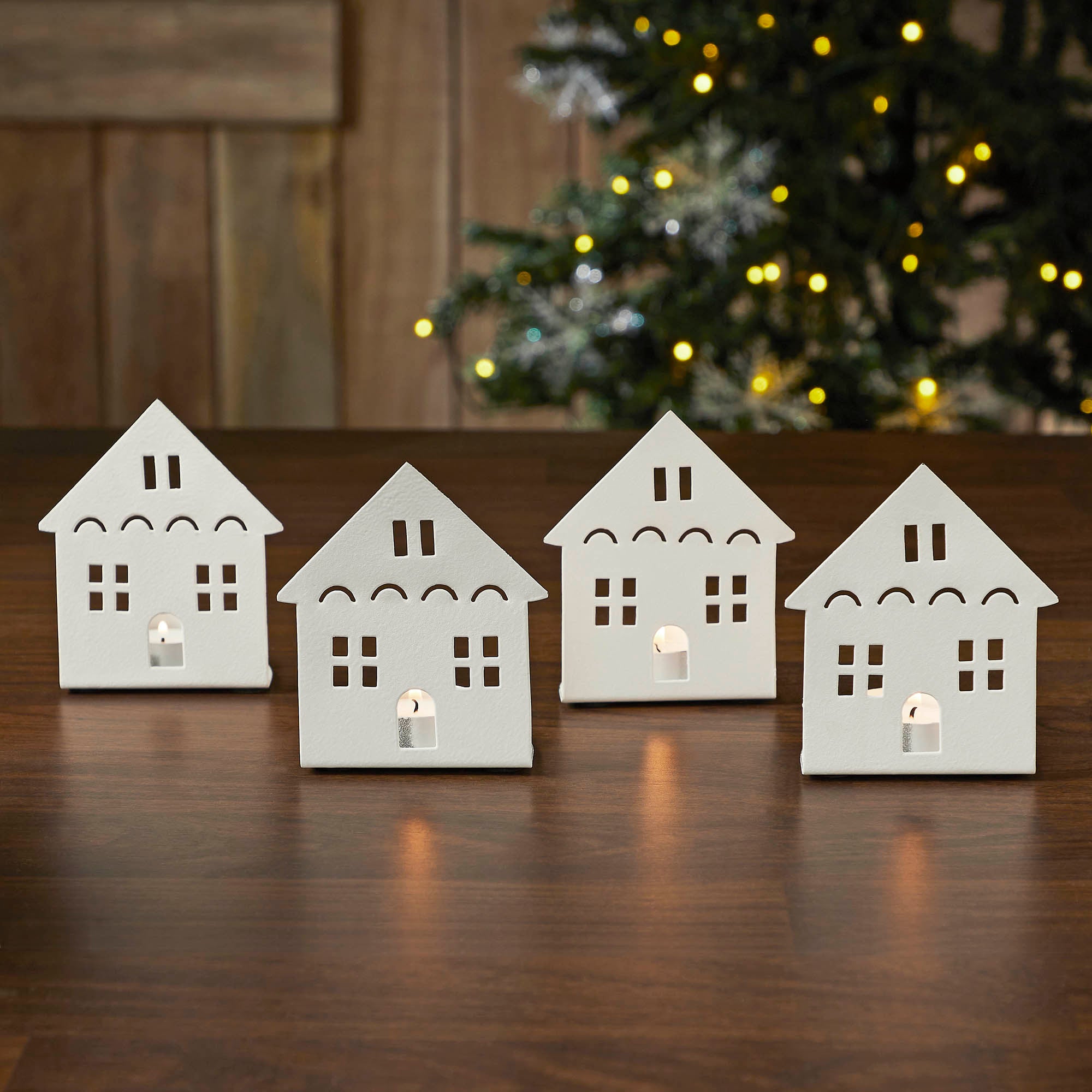 Tealight Holder House Antique White Set of 4