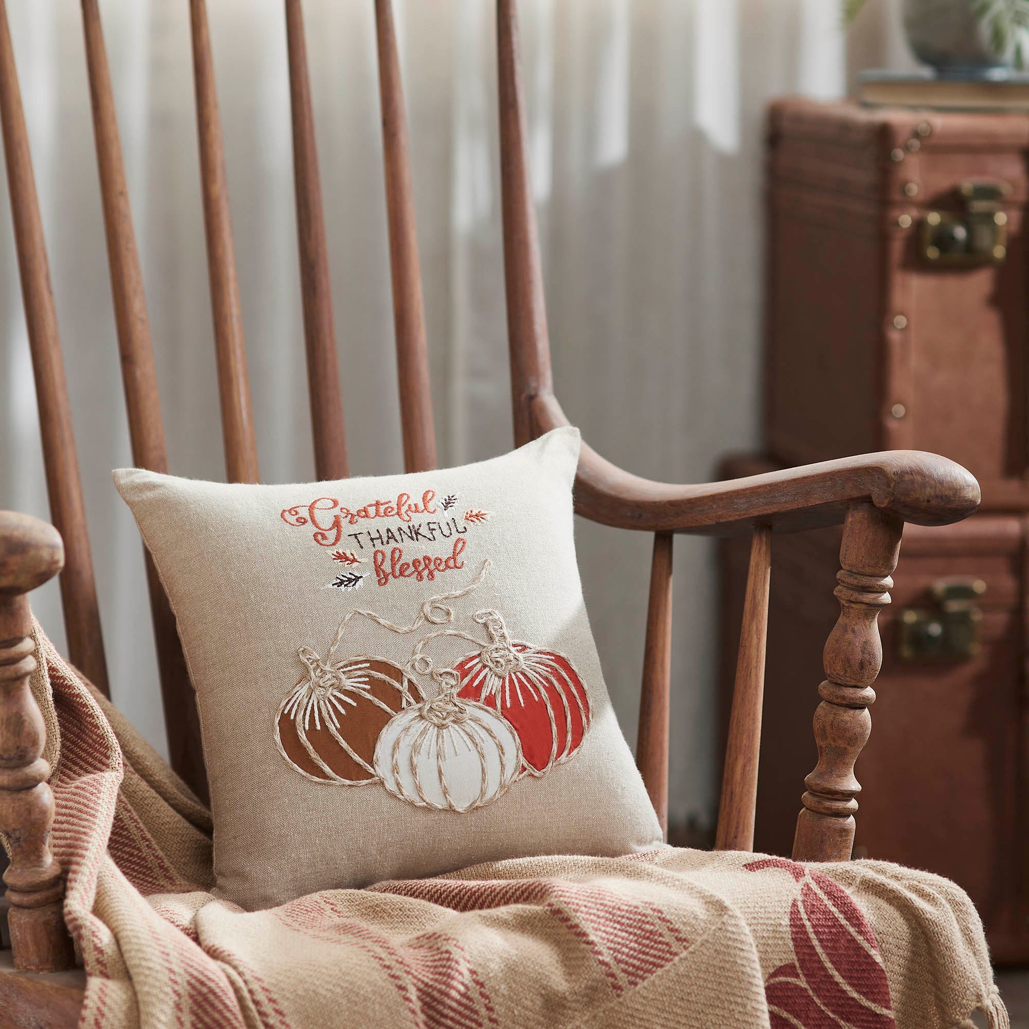 Grateful Thankful Blessed Pumpkins Fall Farmhouse Decorative Throw Pillow Autumn Harvest Home Accent Decor