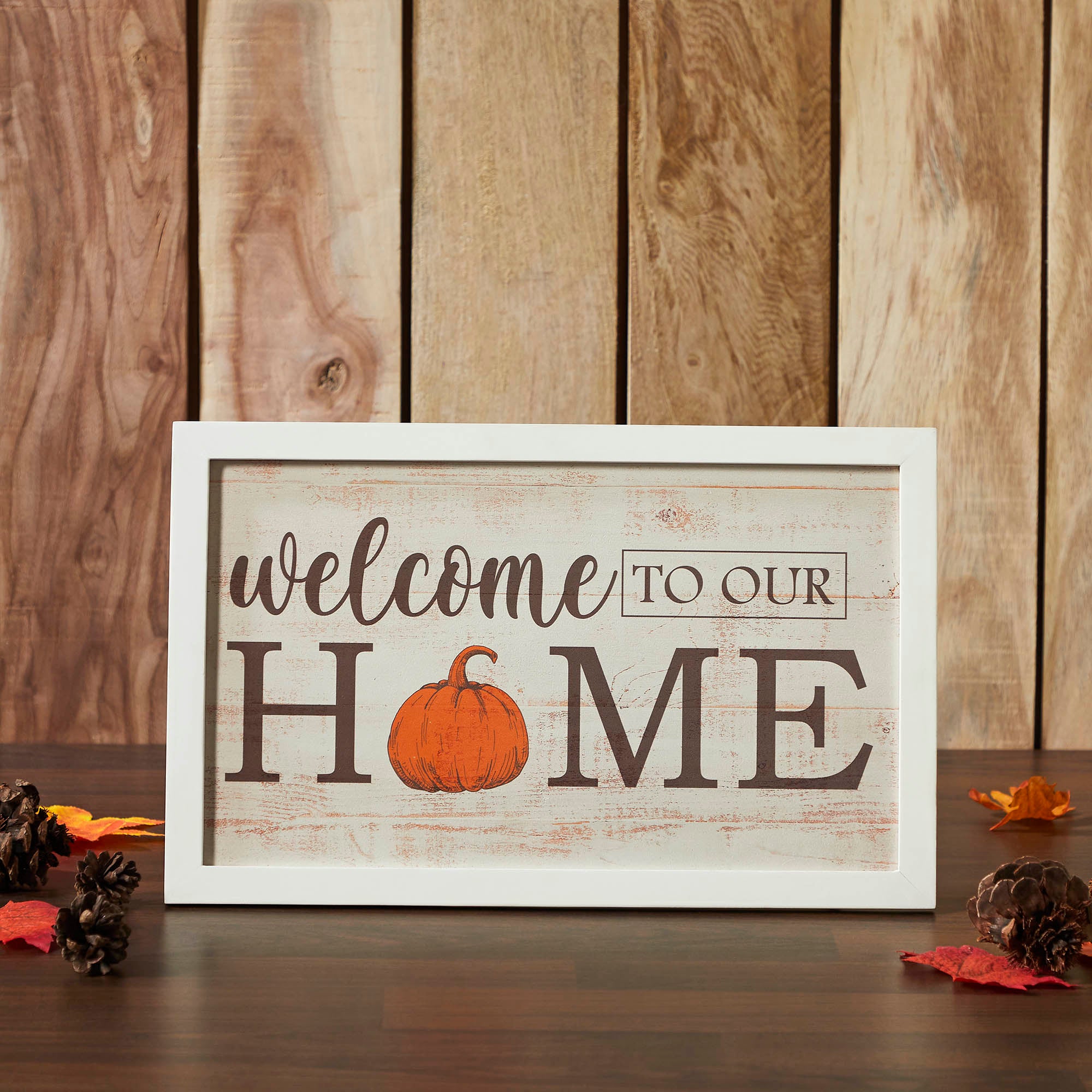 Welcome To Our Home Pumpkin Wall Sign Rustic Farmhouse Fall Autumn Harvest Wall Decor Plaque for Entryway and Living Room