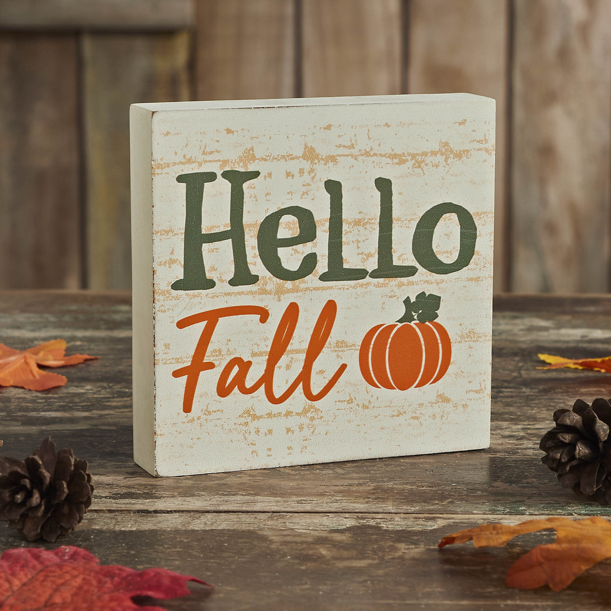 Hello Fall Pumpkin Autumn Harvest Farmhouse Rustic Cream MDF Tabletop Sign Inch Decorative Plaque
