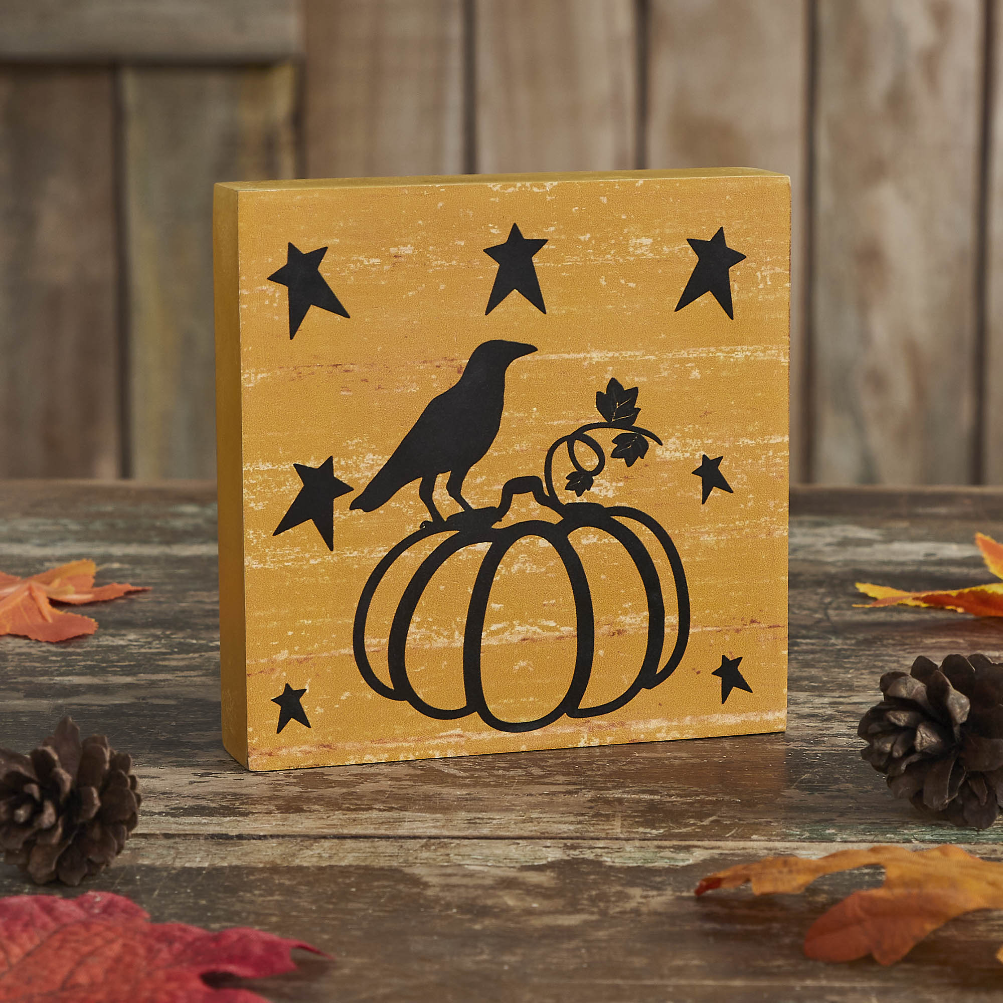 Prim Stars Primitive Halloween Pumpkin Raven MDF Sign Mustard Fall Tabletop Home Decor
