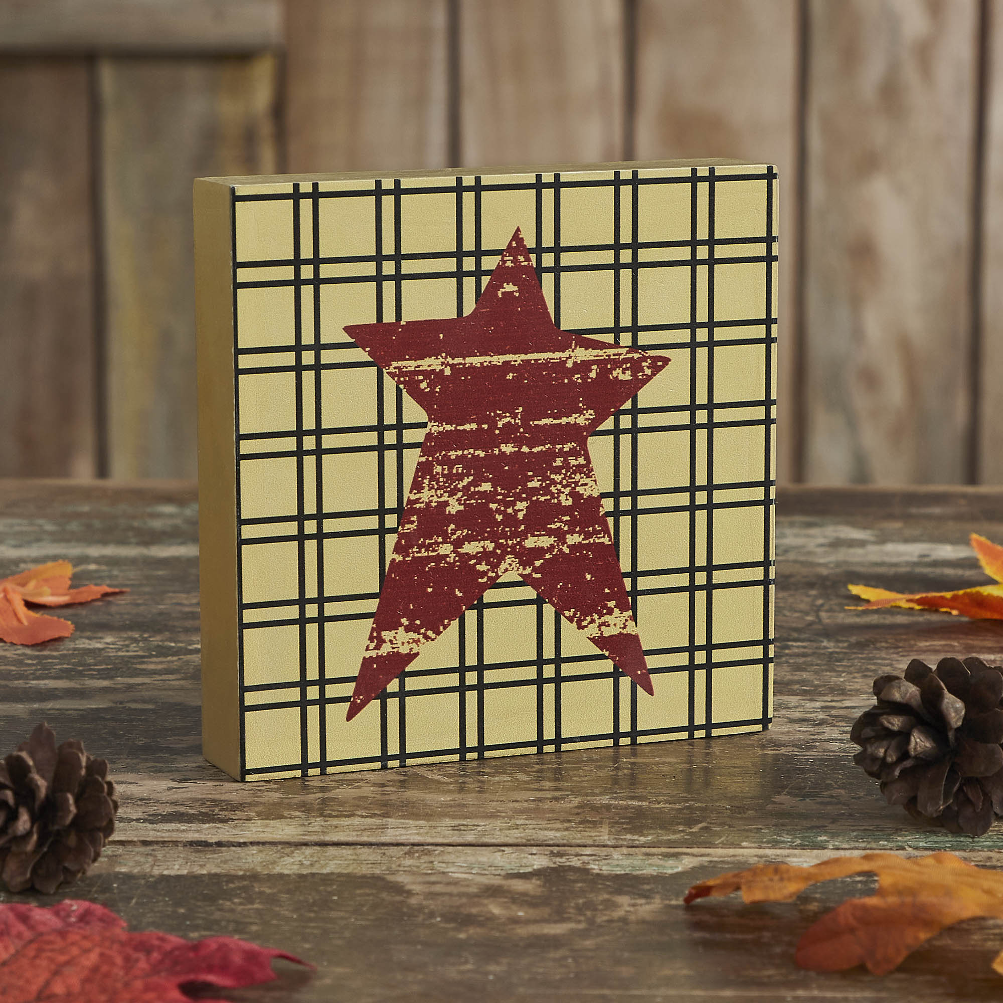 Primitive Burgundy Star MDF Wood Sign 5x5 Inch Tan Farmhouse Wall & Shelf Decor Plaque