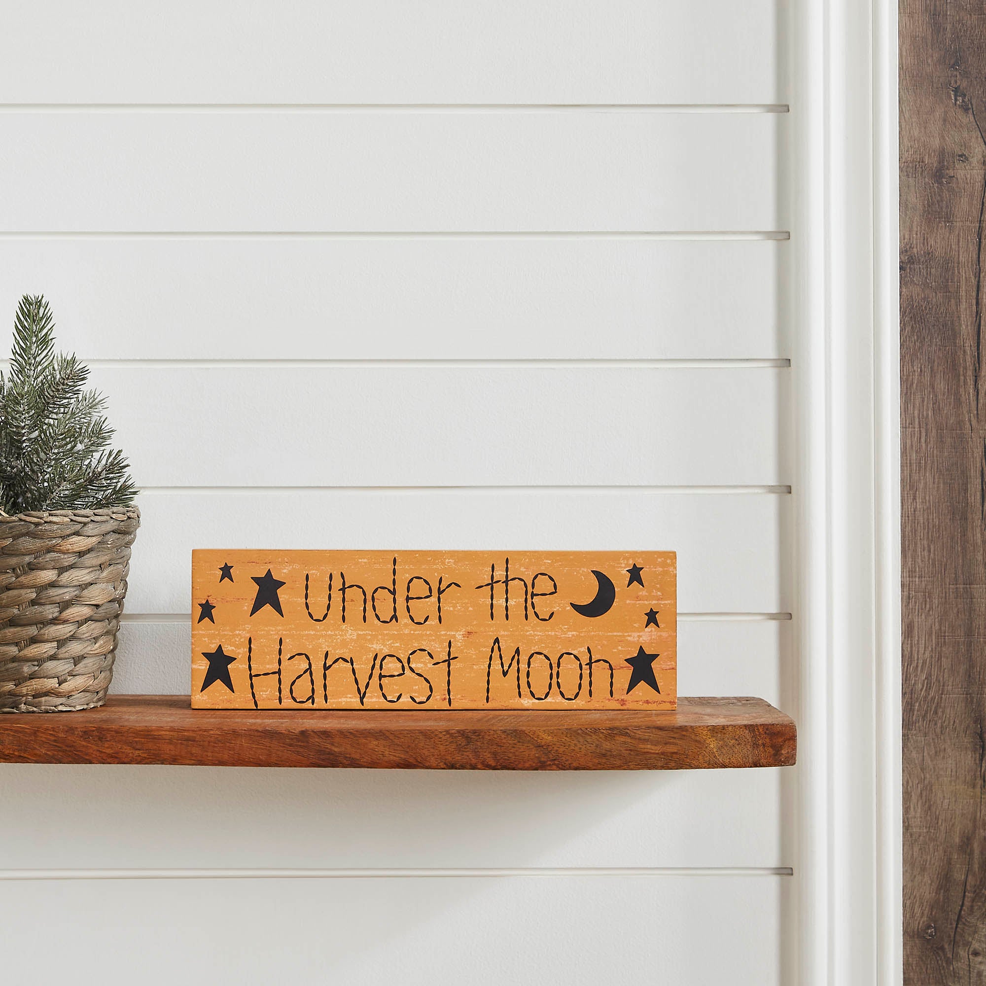 Under The Harvest Moon Primitive Star Farmhouse Wall Sign, Rustic Mustard MDF Plaque Decor, Inch