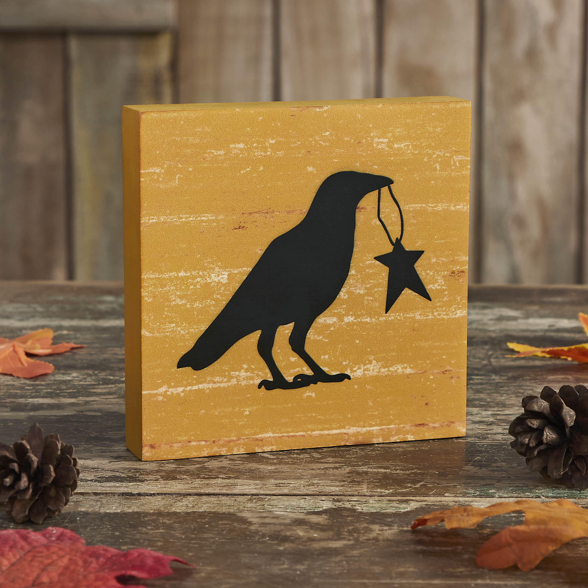 Prim Star Primitive Farmhouse Raven Crow Wall Decor Sign Mustard MDF Inch