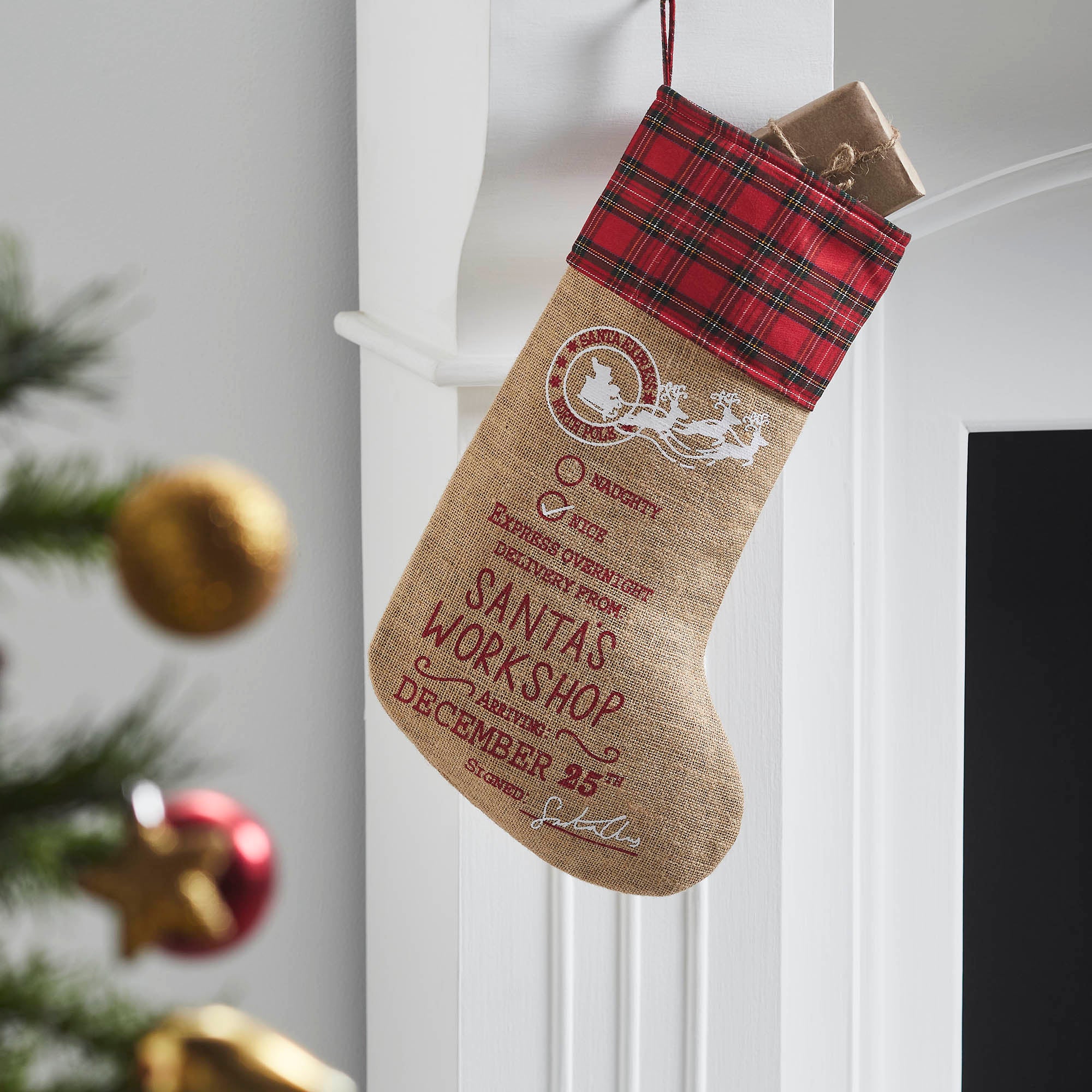 Burlap Natural Jute Plaid Santa's Workshop Stocking