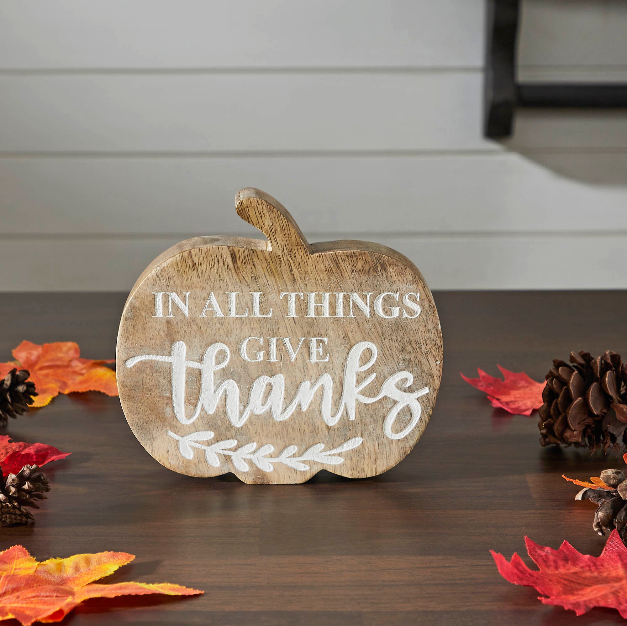 Fall Autumn Thanksgiving Rustic Wooden Pumpkin Tabletop Decor with In All Things Give Thanks Sentiment Inch