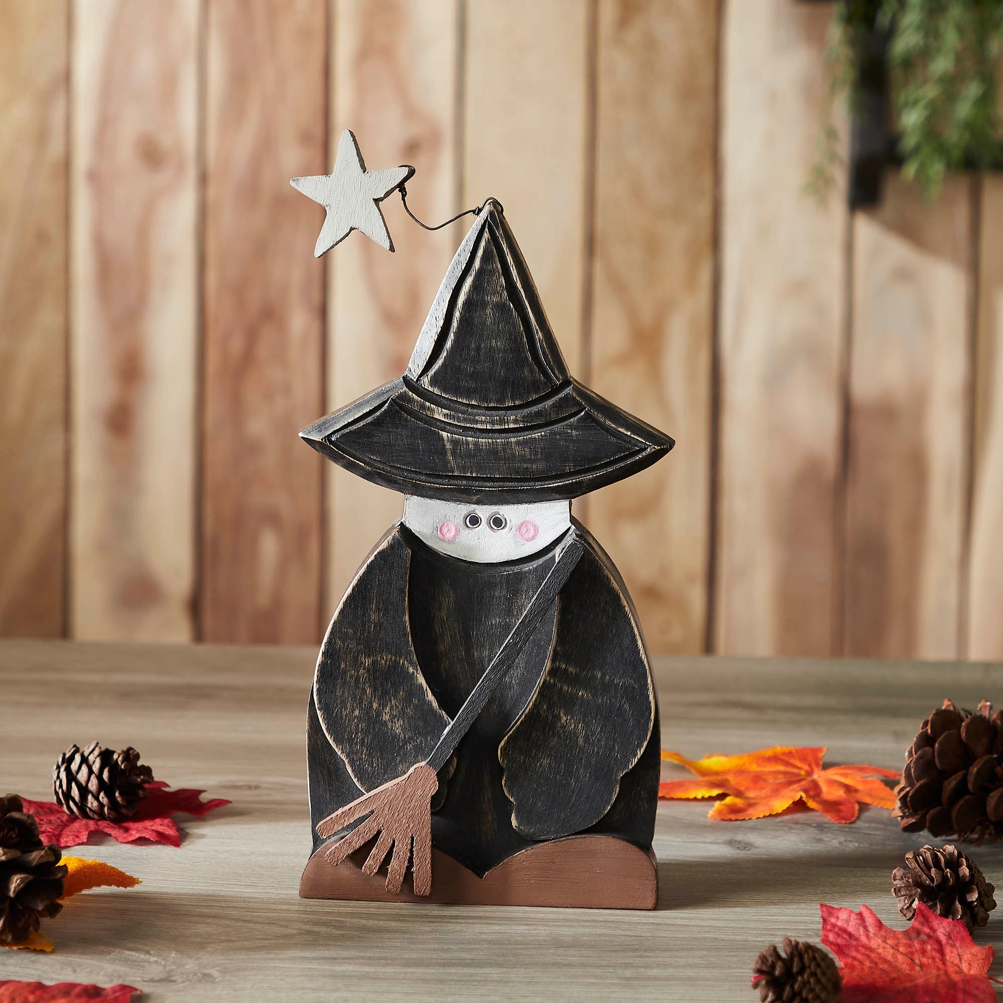 Halloween Rustic Wooden Witch Figurine with Broom Fall Tabletop Seasonal Decor