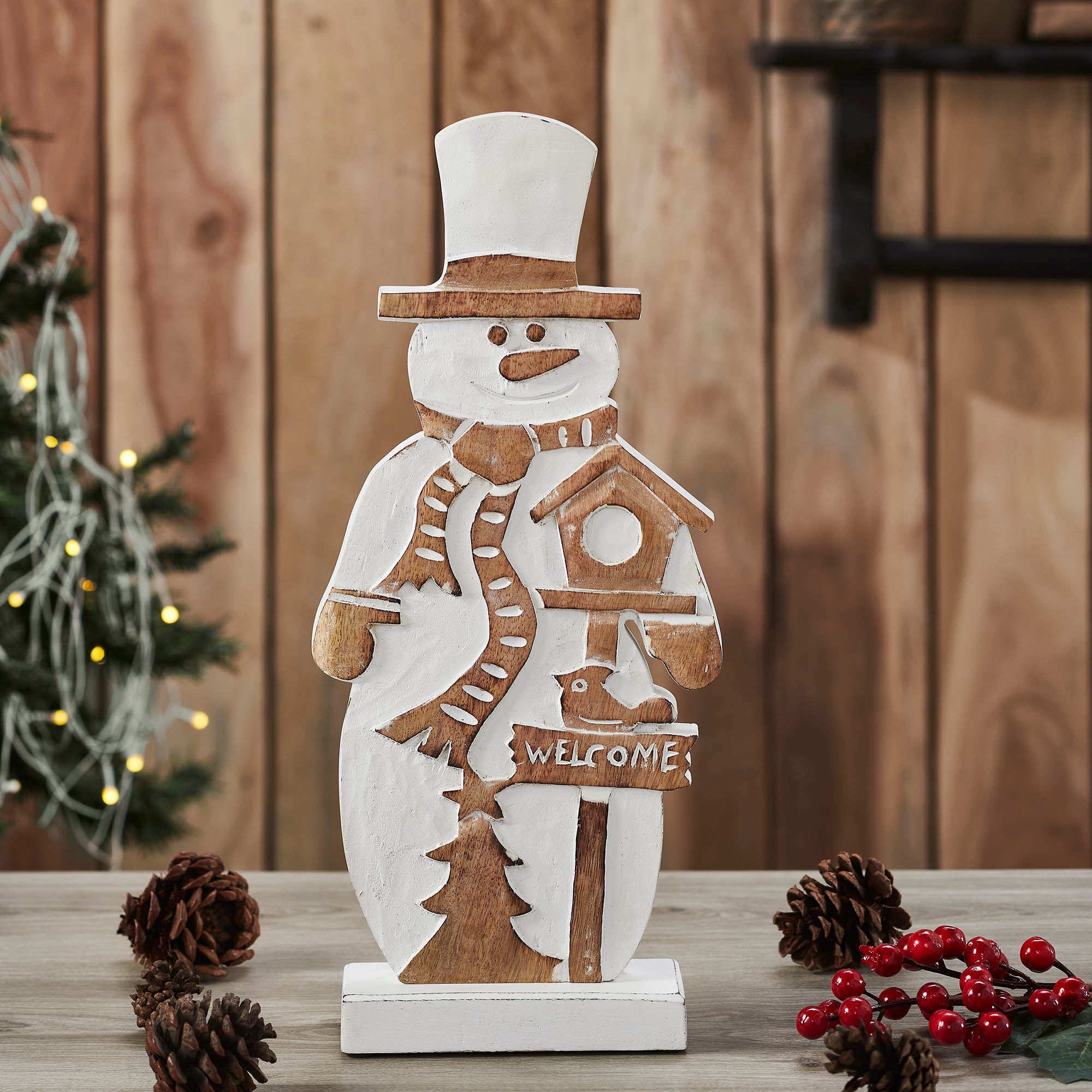 Snowman With Welcome Sign Carved Wooden Figurine