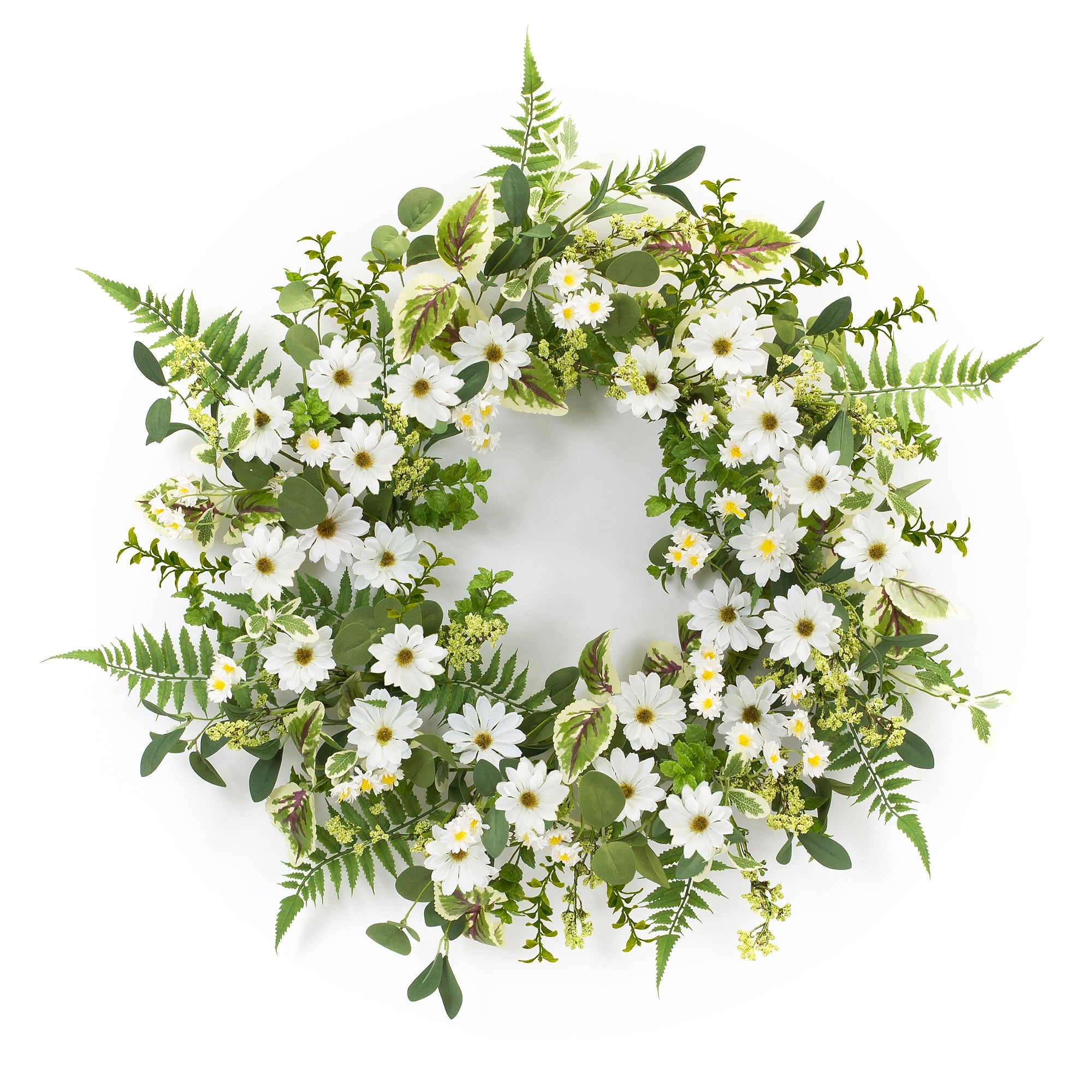 Mixed Foliage and Daisy Wreath 22.5”D Polyester/