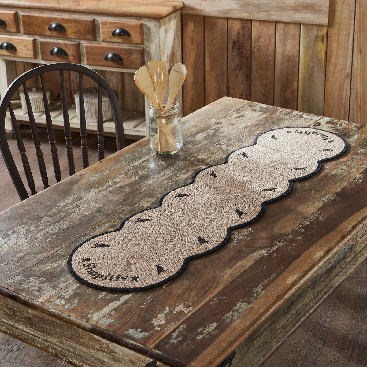 Raven Harvest Simplify Stencil Farmhouse Cotton Table Runner, Black Tan, Inch