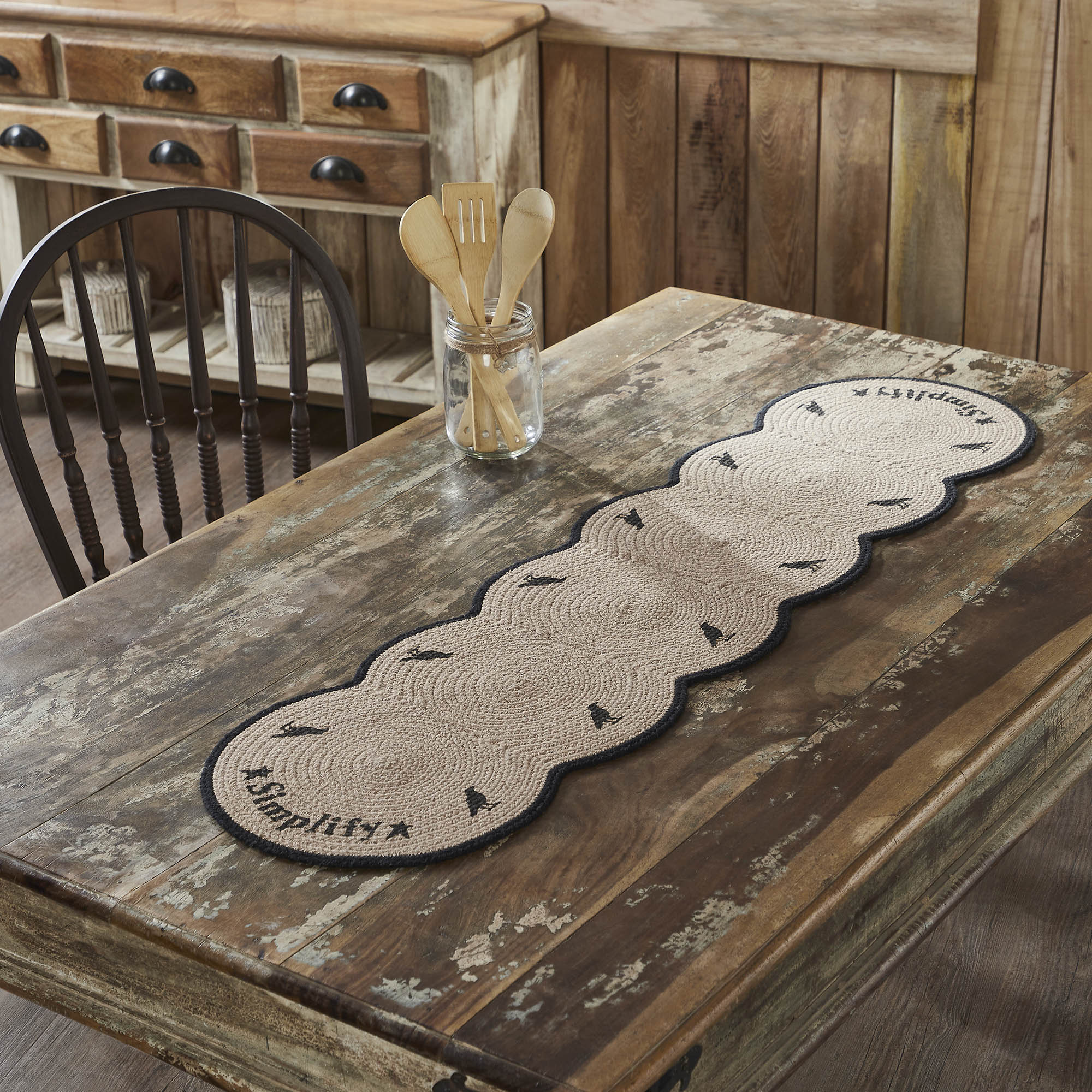 Raven Harvest Simplify Stencil Farmhouse Cotton Table Runner, Black Tan, 12x48 Inch