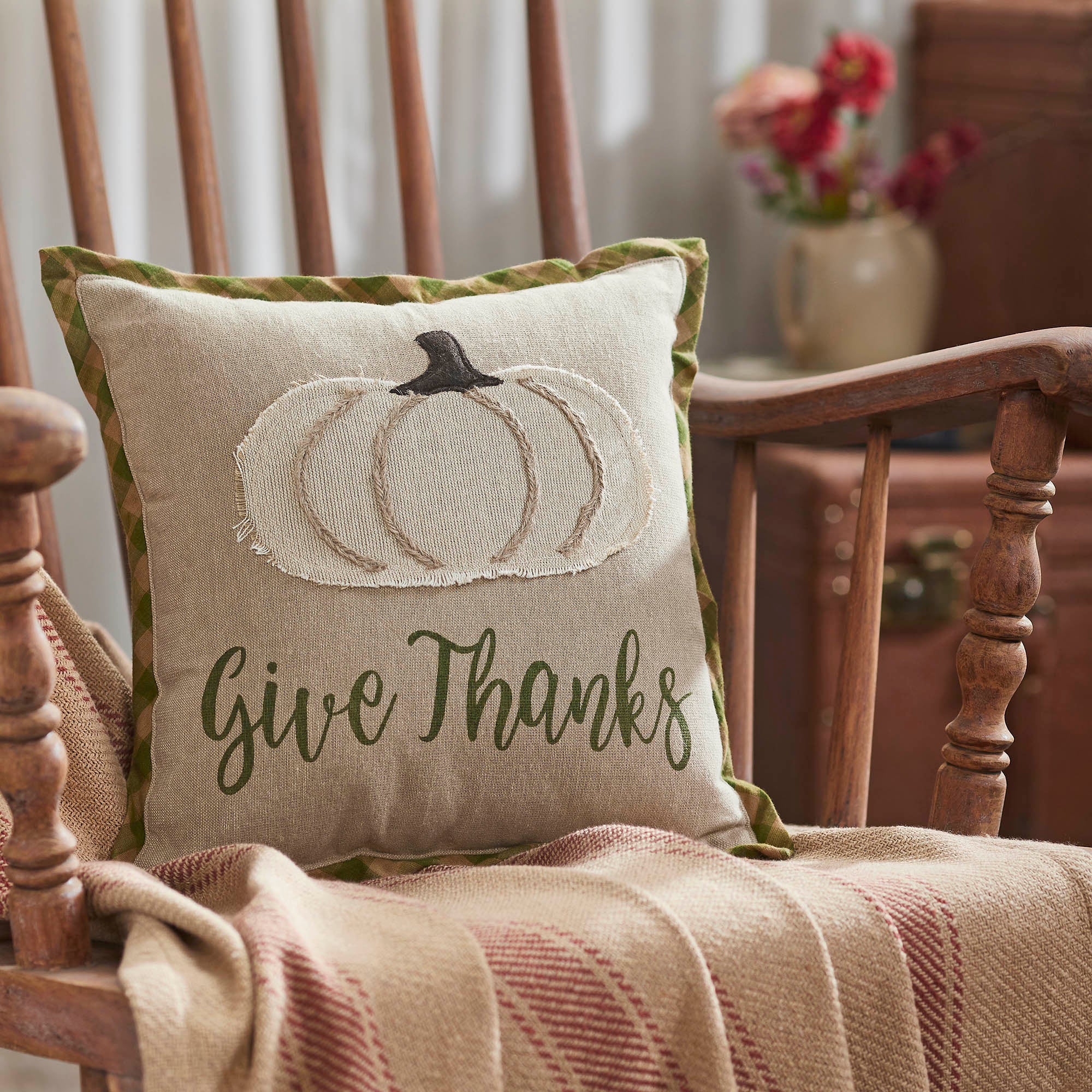 Fall Thanksgiving Harvest Applique Pumpkin Give Thanks Decorative Throw Pillow Autumn Seasonal Home Accent Cushion